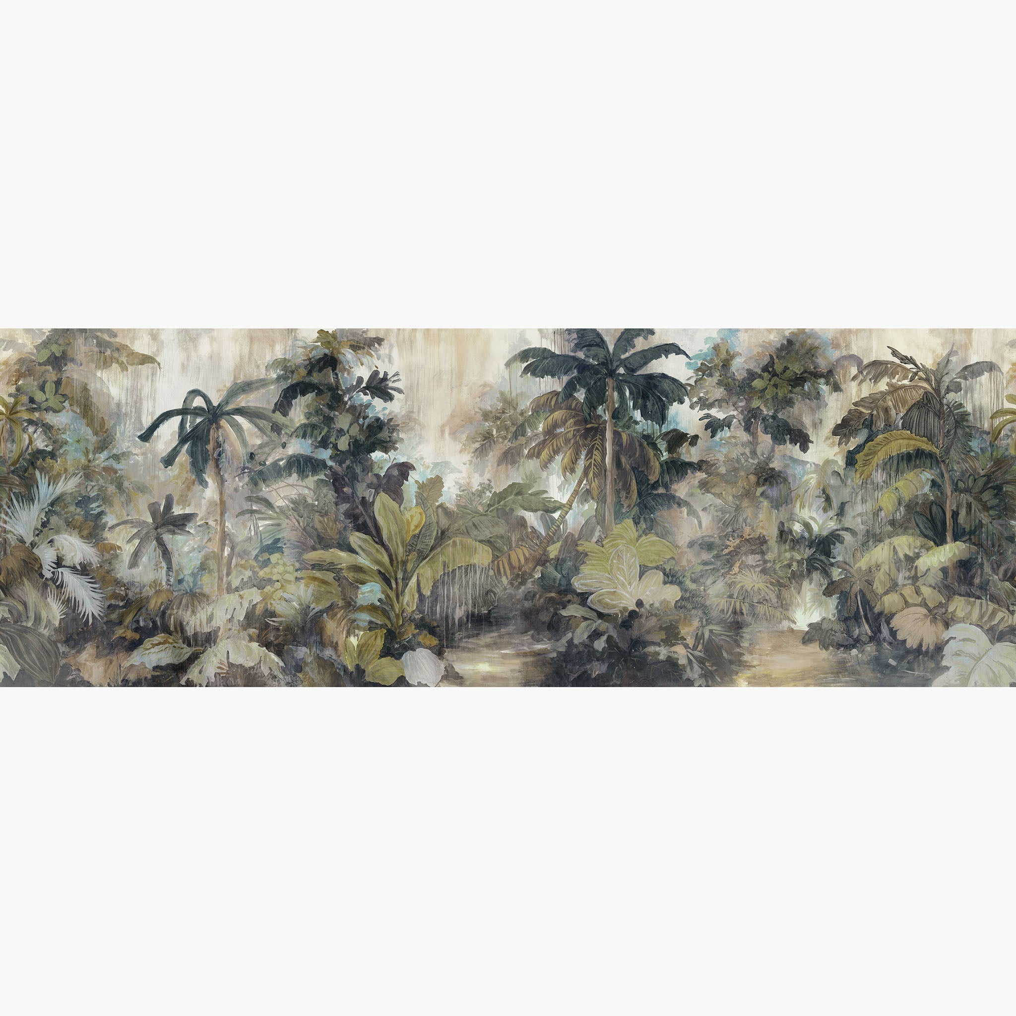 Artwork of a panoramic wallpaper mural featuring a dreamy tropical foliage in muted sage, olive, and parchment tones.