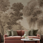 An interiorliving room featuring a panoramic matte wallpaper mural of sepia-toned woodland