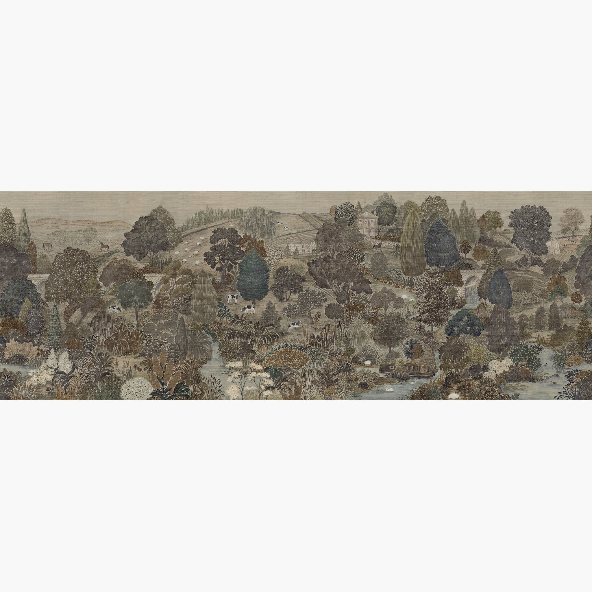 Artwork of a panoramic wallpaper mural featuring a sweeping countryside view in deep olive, slate, and ash tones