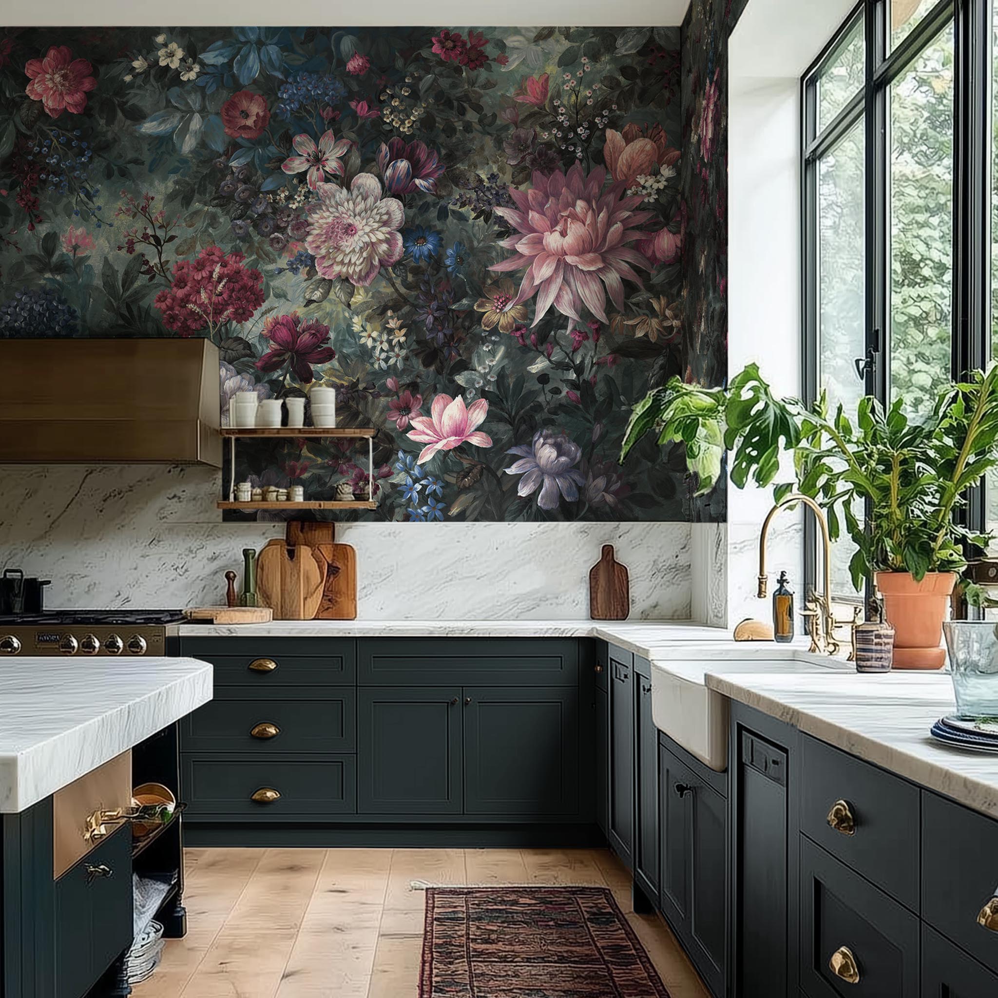 A cropped view of kitchen featuring a panoramic vinyl wallpaper mural of a floral bloom in crimson and blue.