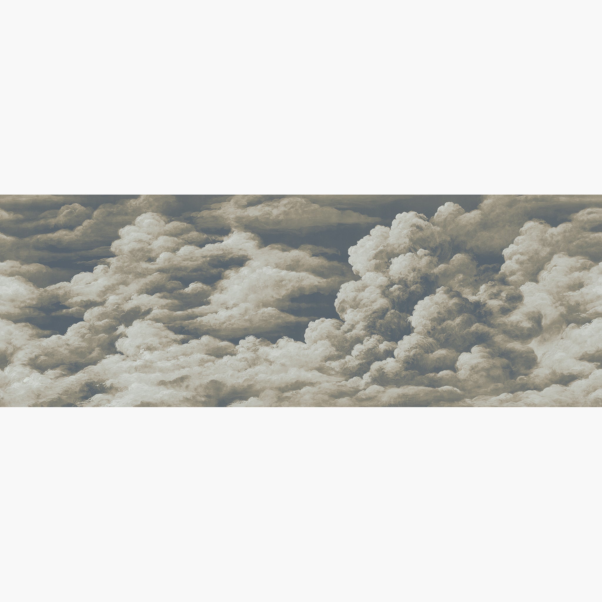Artwork of a panoramic wallpaper mural featuring dramatic sculpted clouds in cream and shadowed navy hues