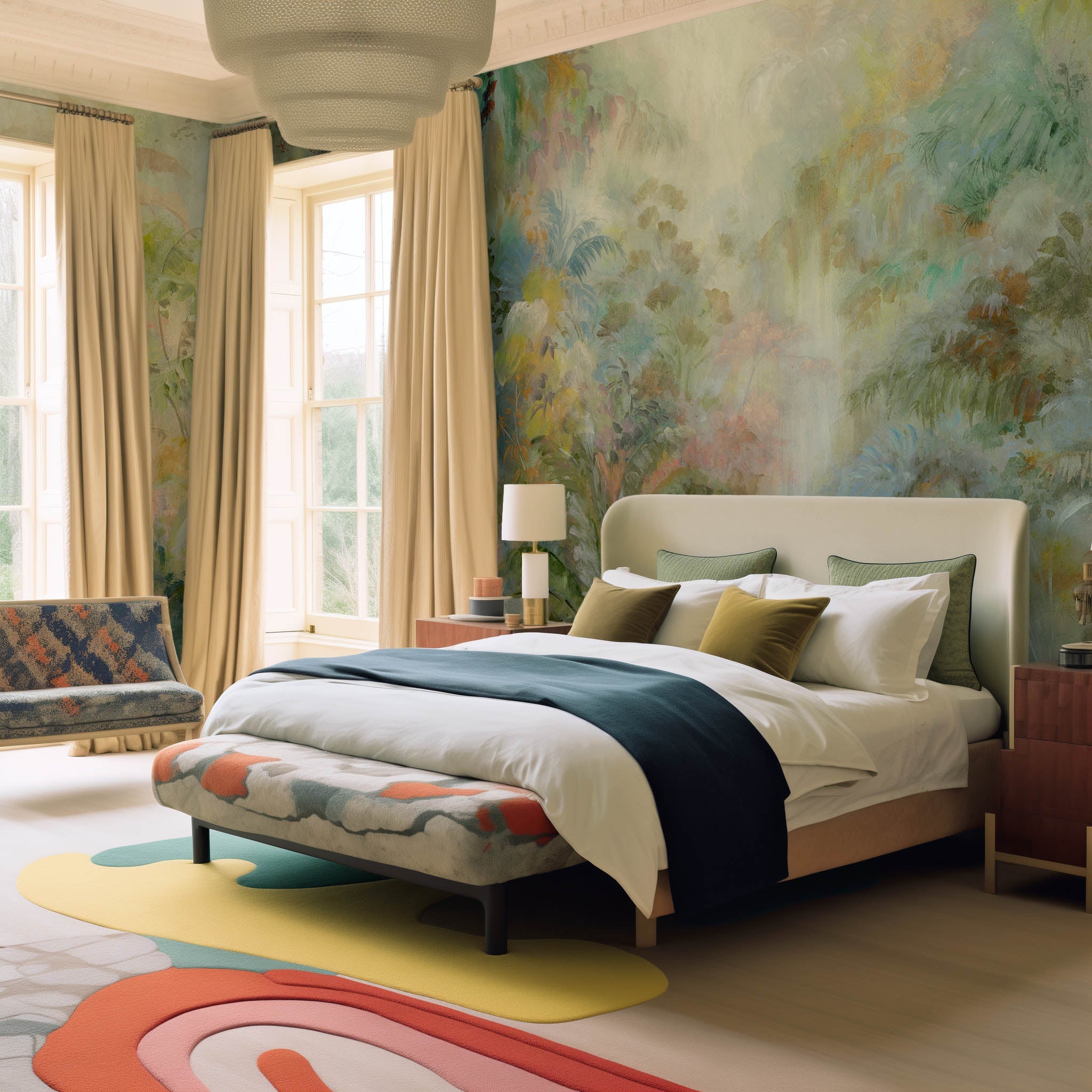 An interior bedroom featuring a panoramic matte wallpaper mural of a rainforest in green, coral, and gold.