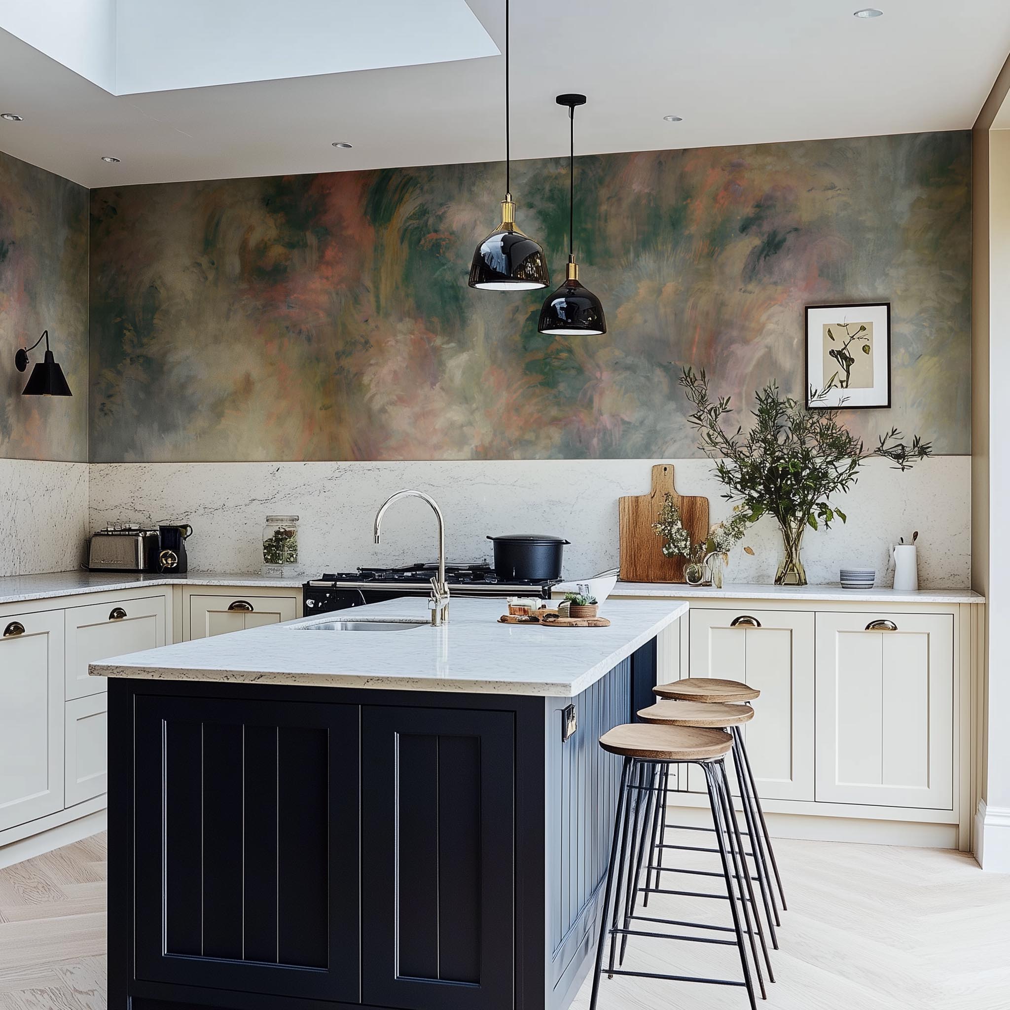 A cropped view of kitchen featuring a panoramic vinyl wallpaper mural of an abstract haze in green and blush.