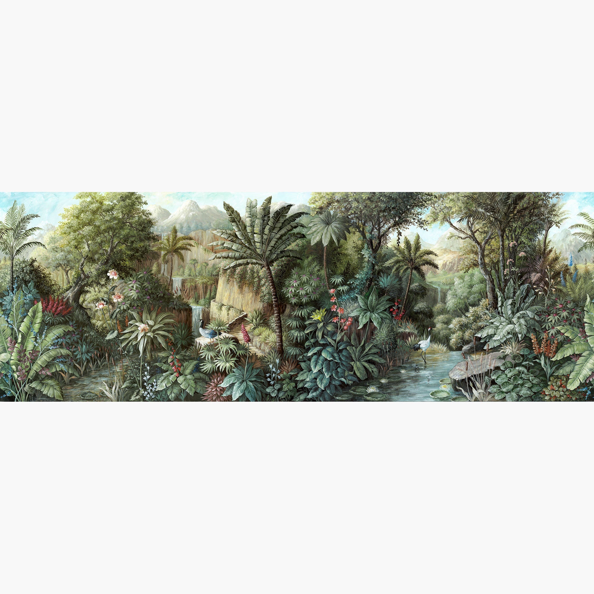 Artwork of a panoramic wallpaper mural featuring a lush tropical landscape in vibrant greens, soft pinks, and sky blues.