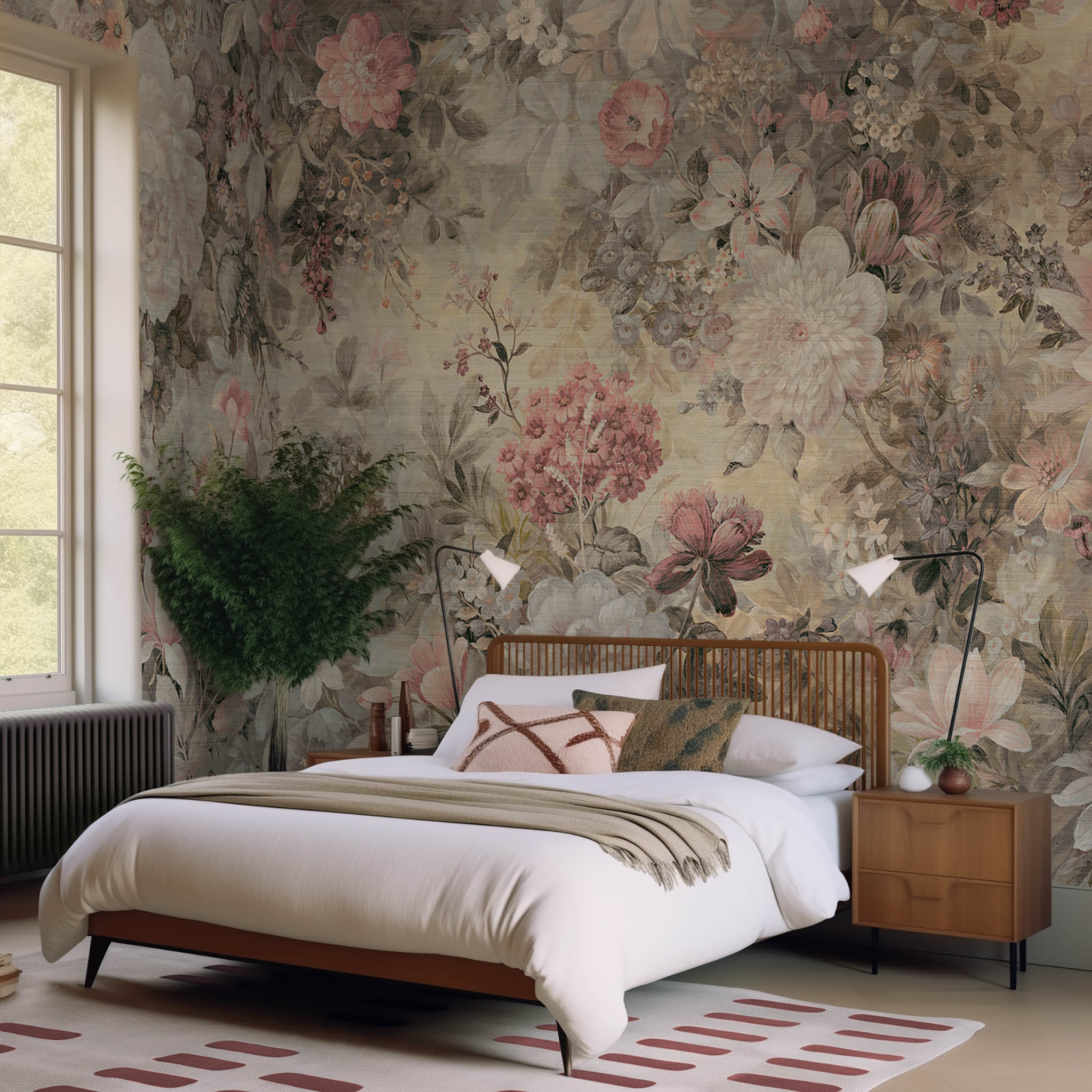 An interior bedroom featuring a panoramic grasscloth wallpaper mural of a floral composition in soft neutrals.