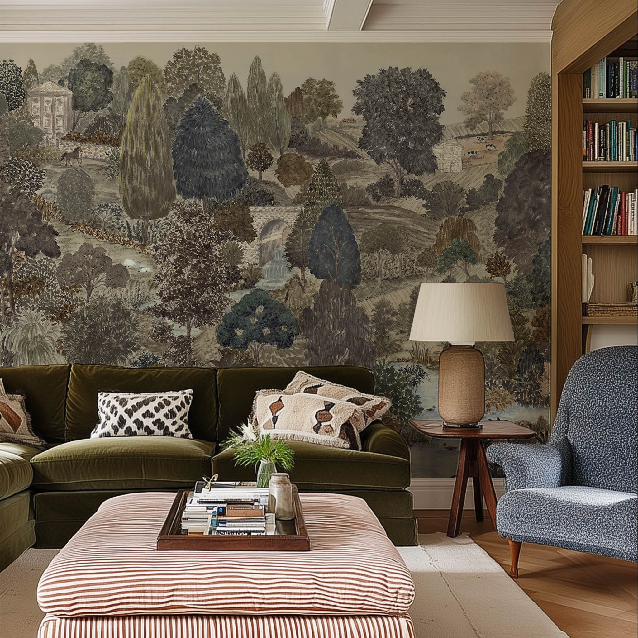 An interior living room featuring a panoramic matte wallpaper mural of deep olive, slate, and ash countryside scene