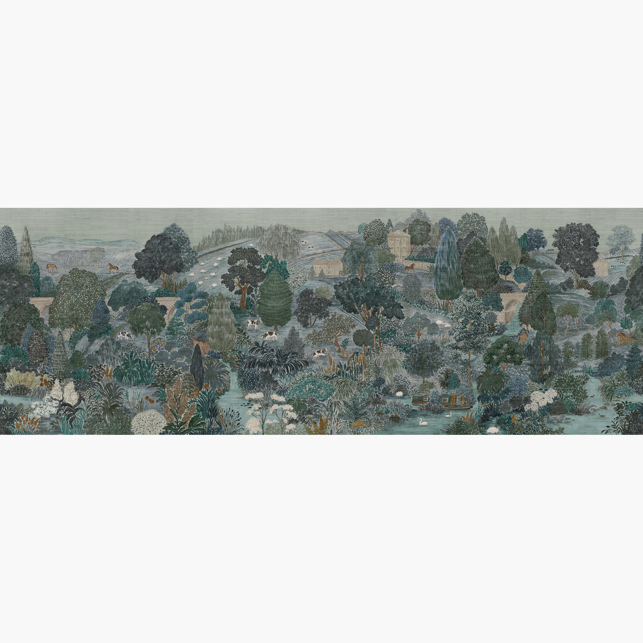 Artwork of a panoramic wallpaper mural featuring a vivid countryside scene in teal, sea green, and slate blue