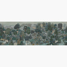 Artwork of a panoramic wallpaper mural featuring a vivid countryside scene in teal, sea green, and slate blue