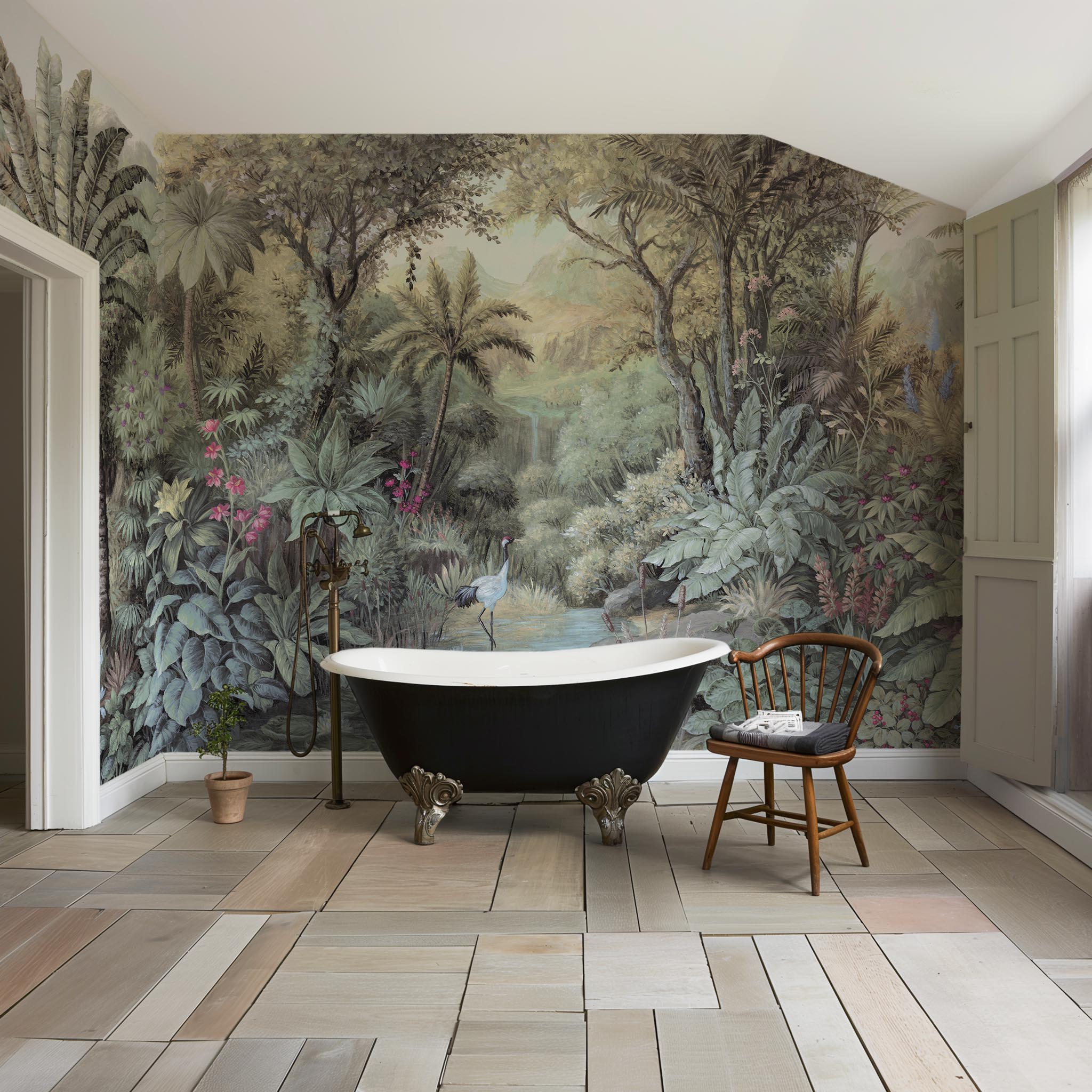 An interior bathroom featuring a panoramic vinyl wallpaper mural of a tropical paradise in cool greens and blushes.