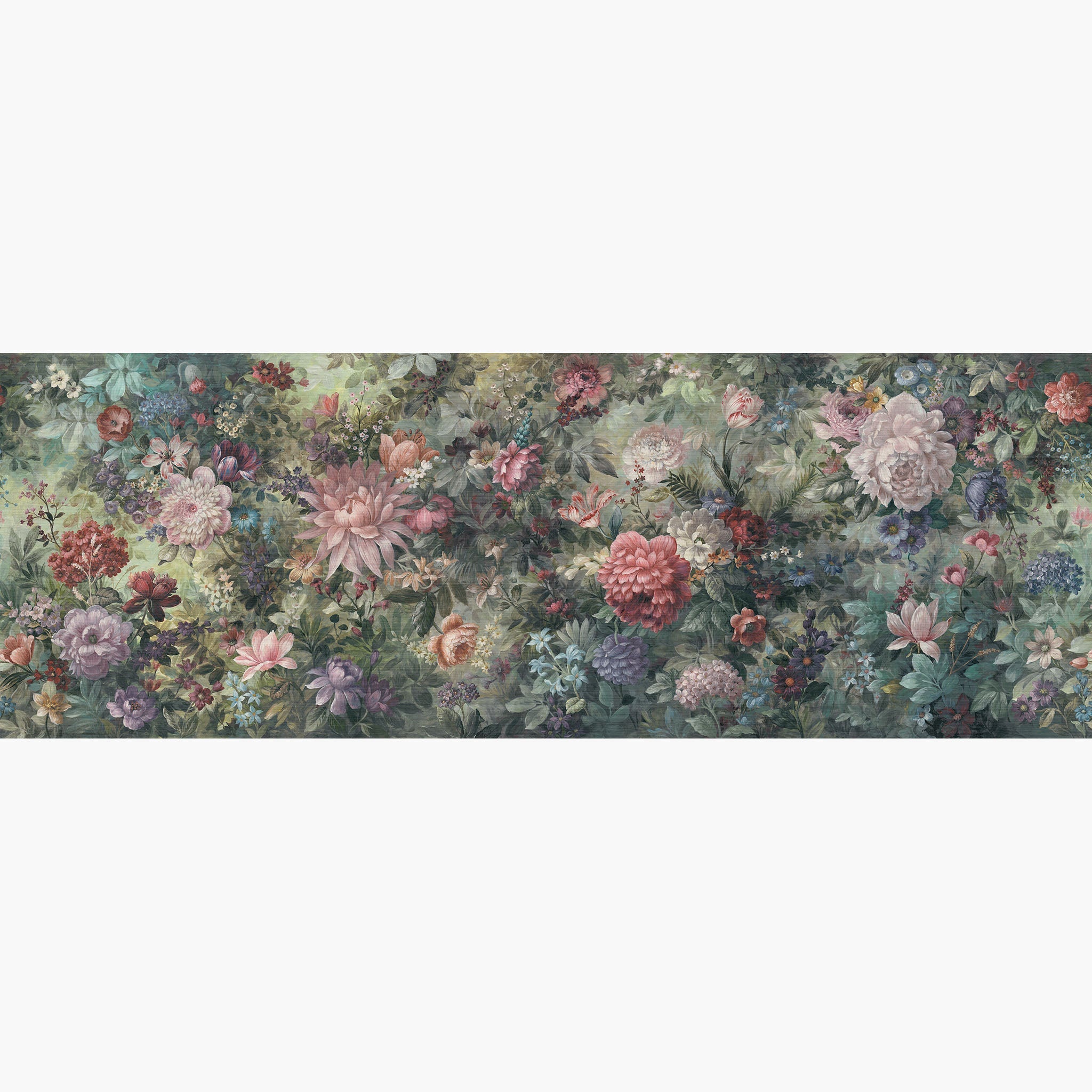 Artwork of a panoramic wallpaper mural featuring a lush floral tapestry in fresh green, coral pink, and soft lilac.