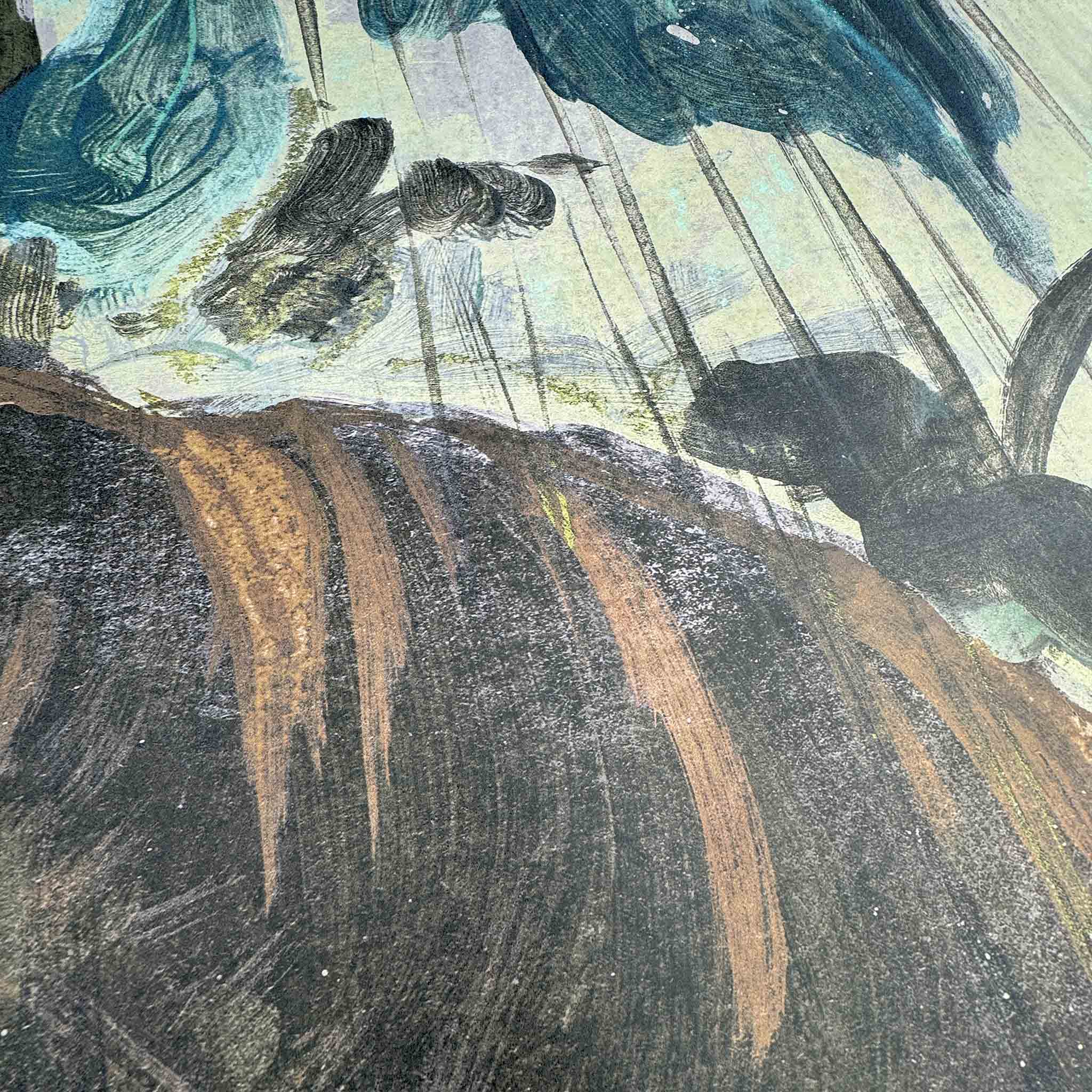 Close-up of a printed wallpaper mural featuring abstract tropical elements in rich copper, green, and brown tones.