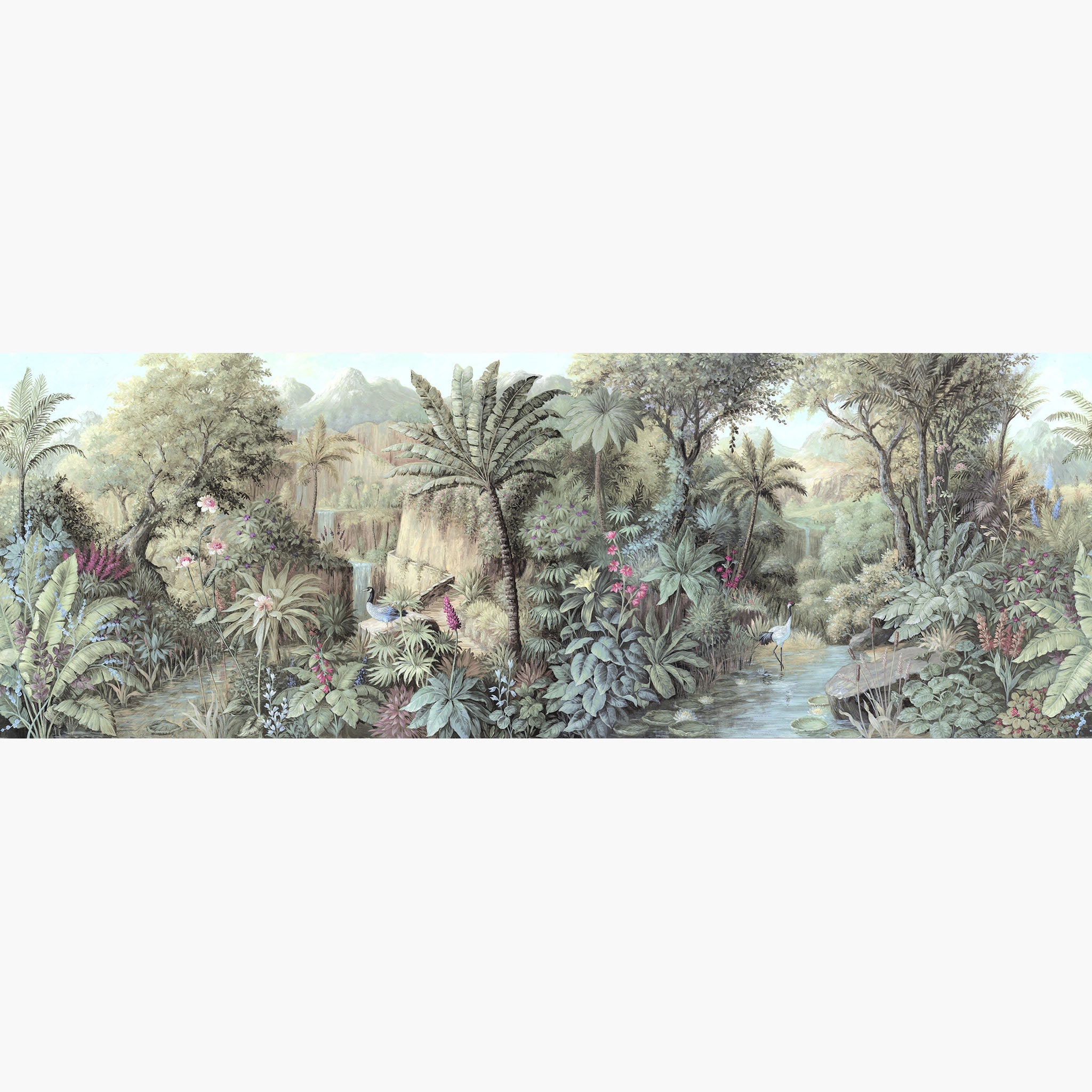 Artwork of a panoramic wallpaper mural featuring a verdant tropical paradise with cool greens, blush tones, and soft sunlight.
