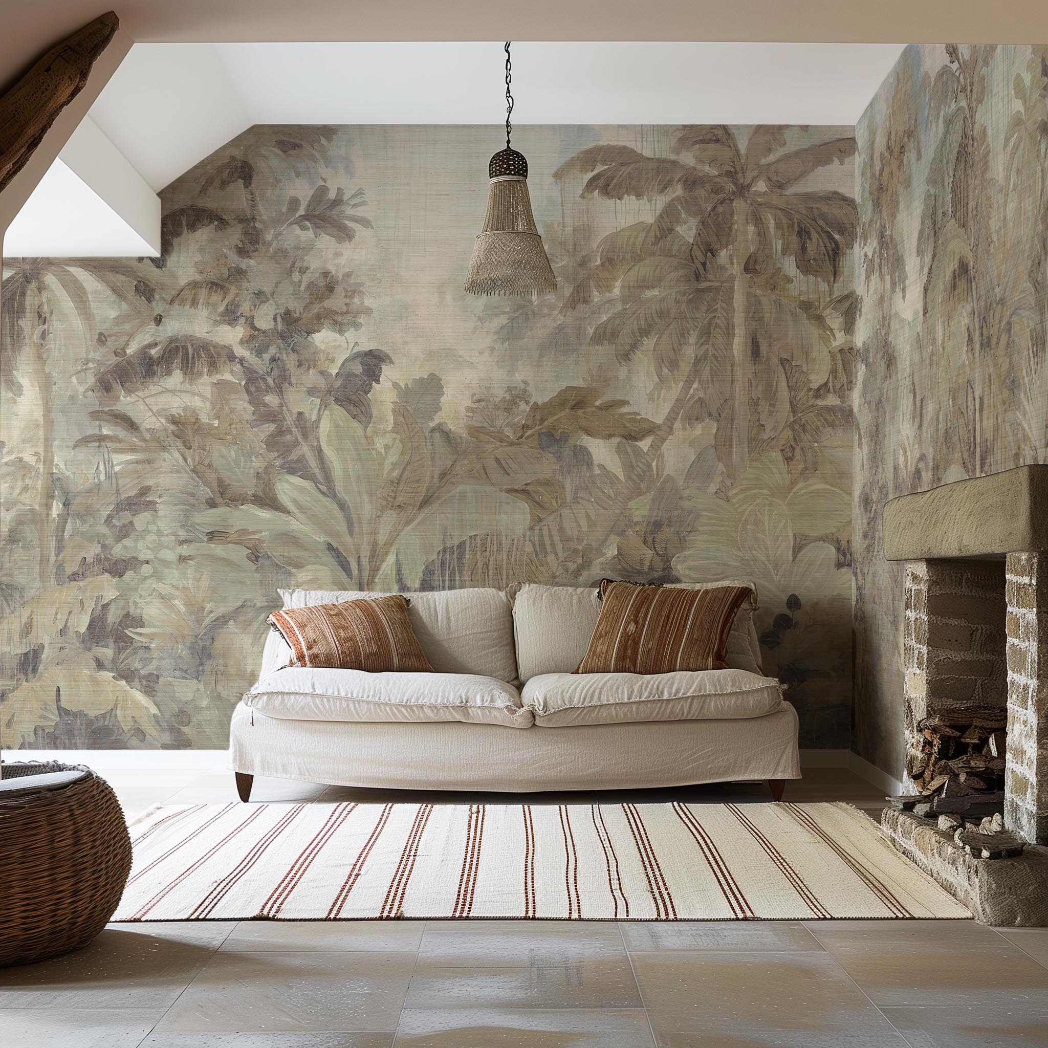 An interior living room featuring a panoramic grasscloth wallpaper mural of a jungle scene in sepia and blue.