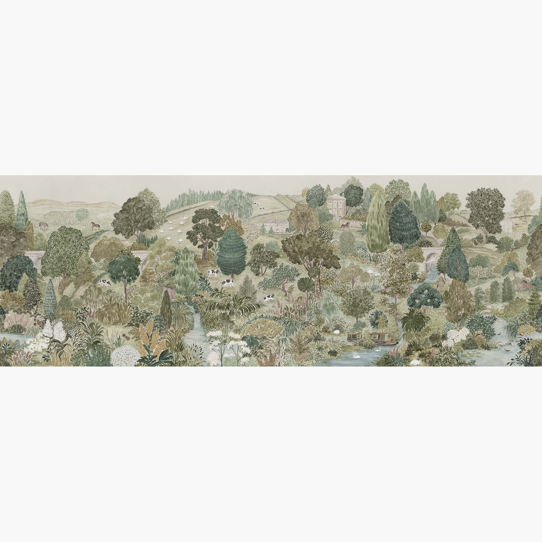 Artwork of a panoramic wallpaper mural featuring a serene Yorkshire countryside with cattle, boats, and soft green trees