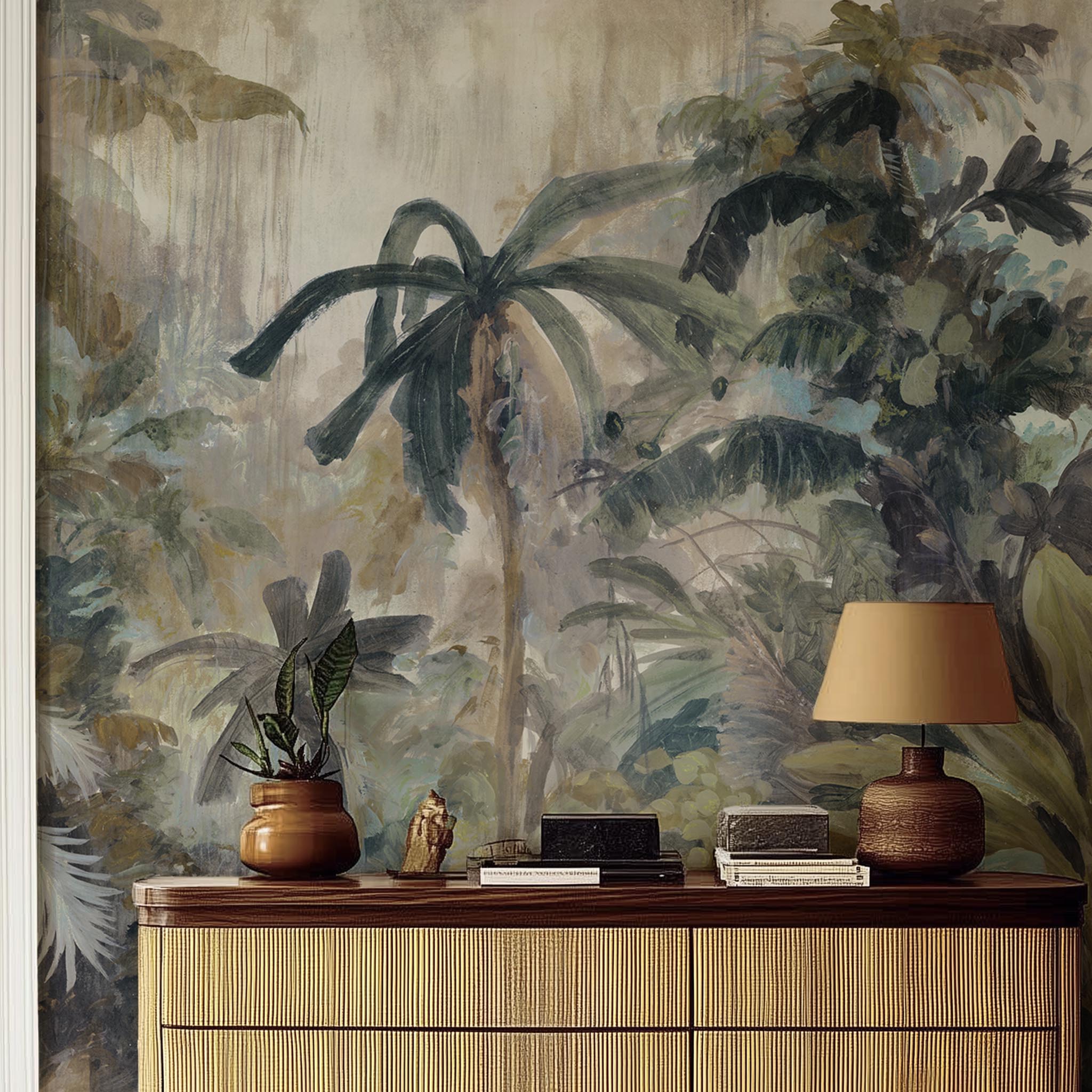 A cropped view of hallway featuring a panoramic matte wallpaper mural of a tropical scene in sage and parchment.