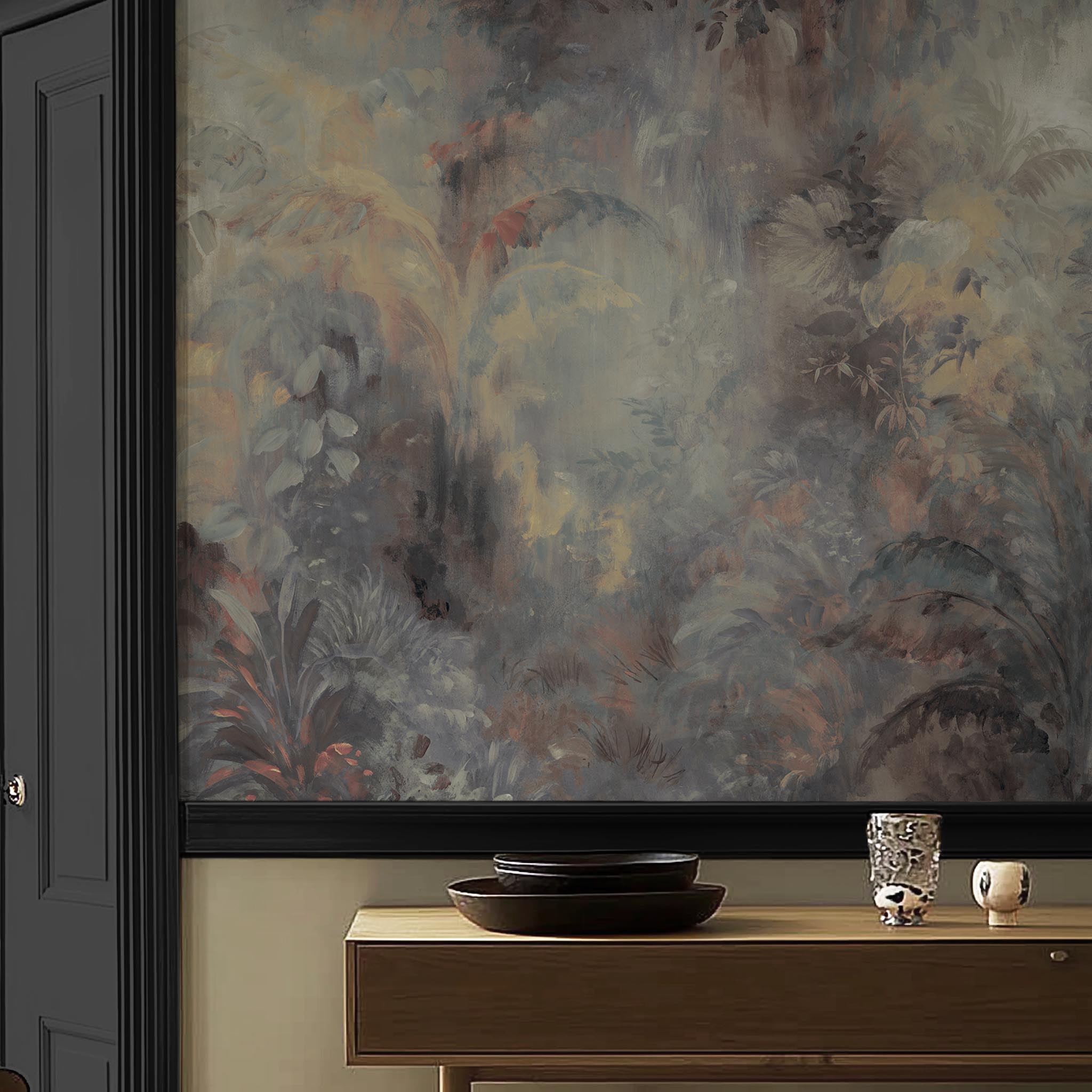 A cropped view of hallway featuring a panoramic matte wallpaper mural of a rainforest in lavender and rust.