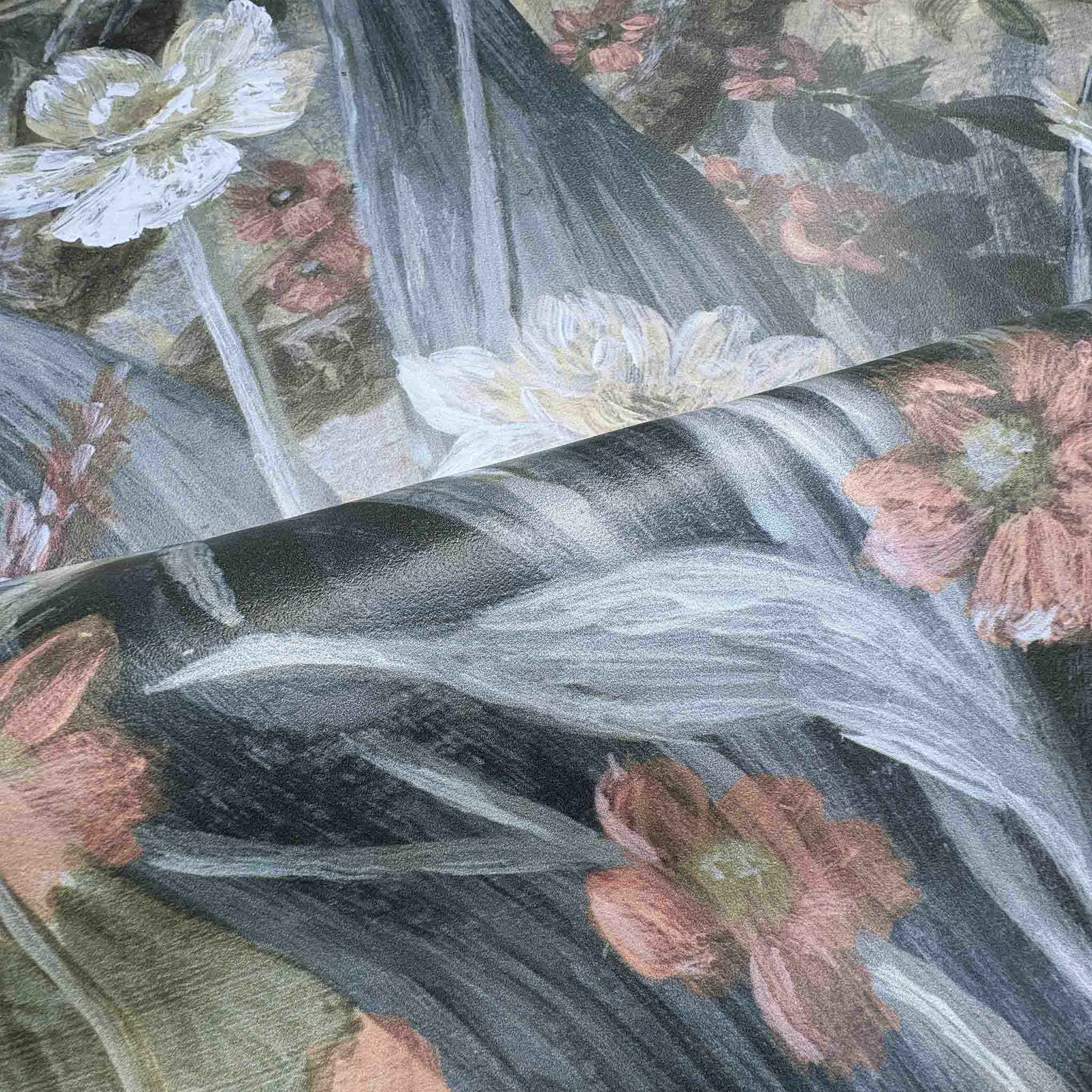 Close-up of a bespoke floral wallpaper mural, featuring soft grey, warm peach, and muted blue tones on durable vinyl.