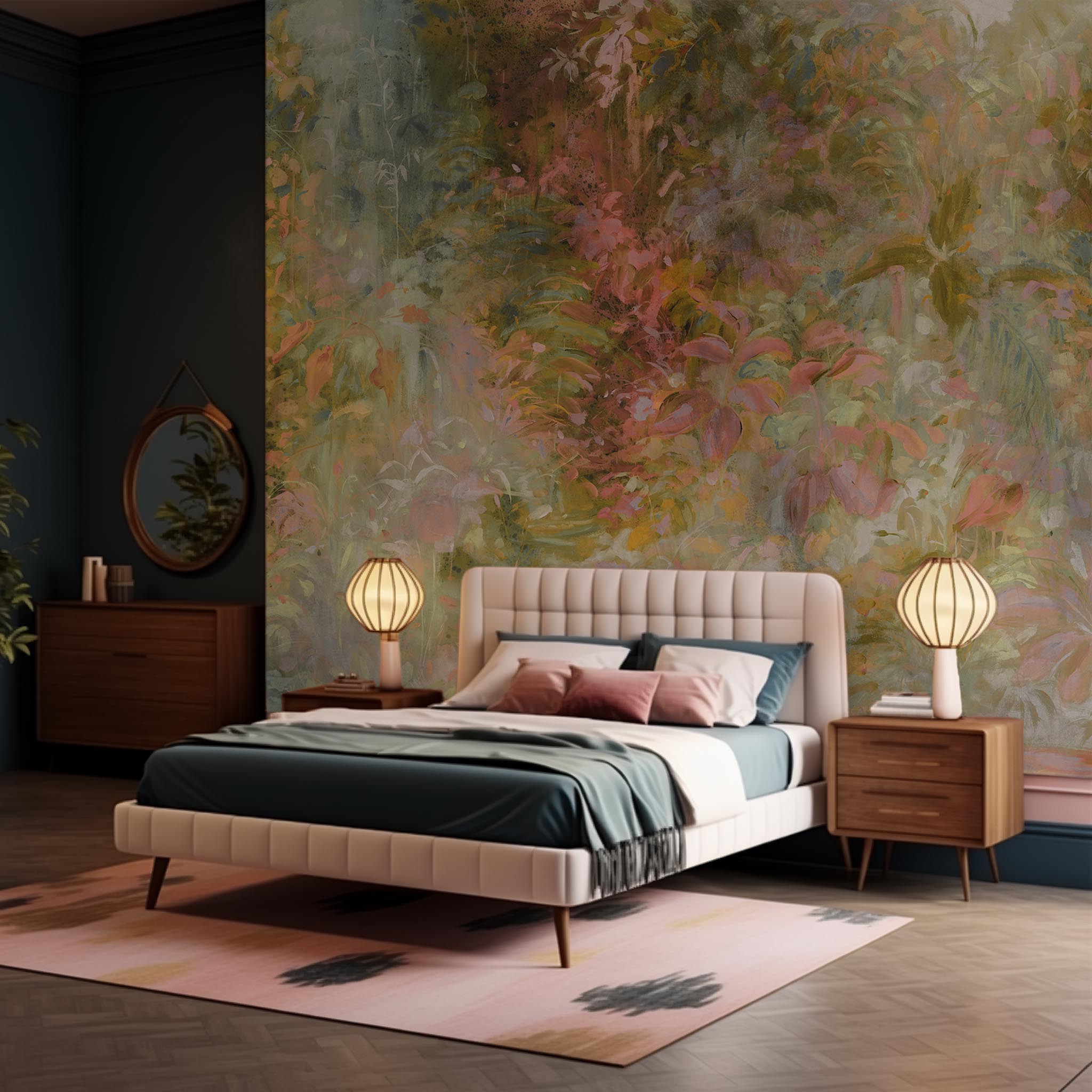 An interior bedroom featuring a panoramic matte wallpaper mural of a abstract layering of ochre and teal.