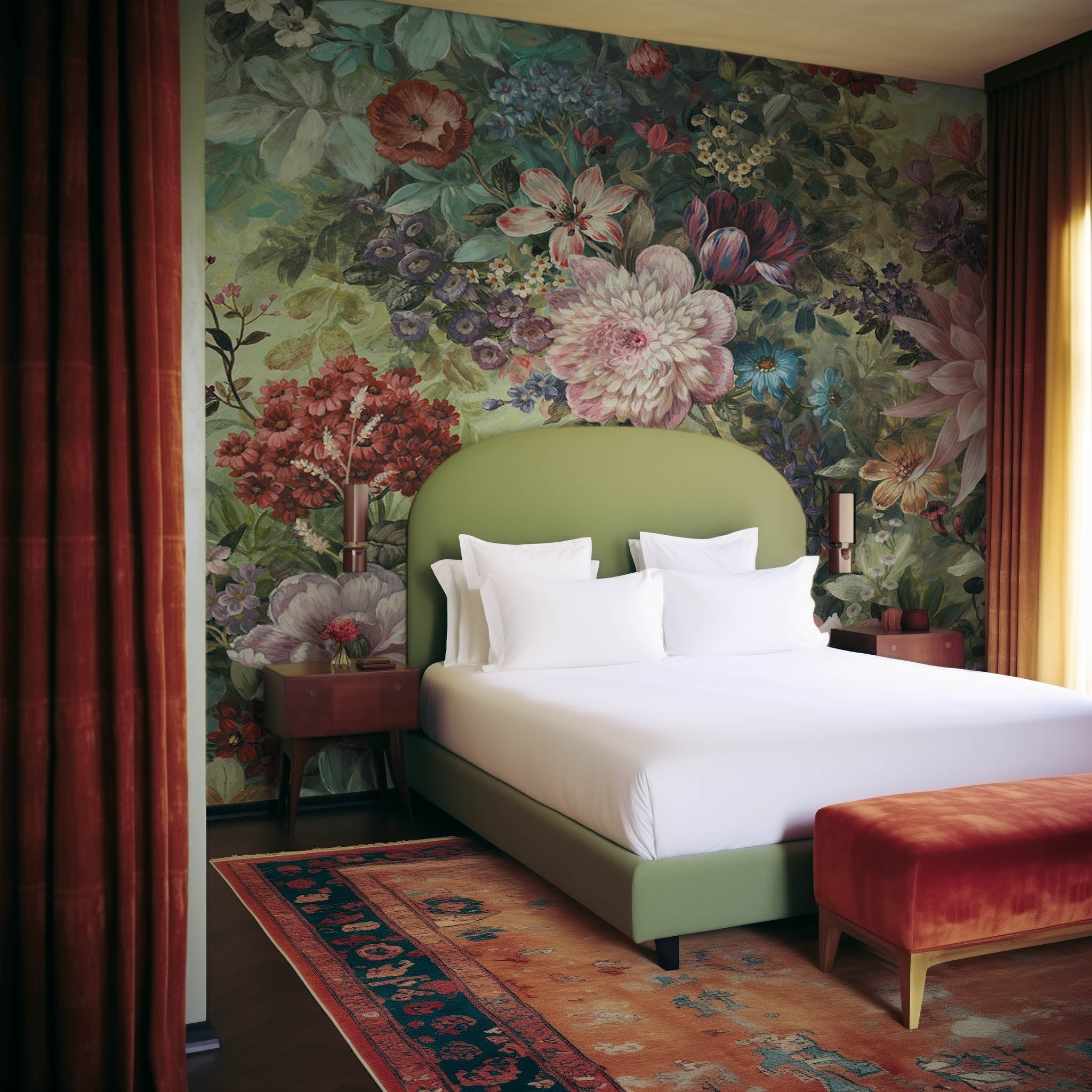 An interior bedroom featuring a panoramic matte wallpaper mural of a floral tapestry in rich jewel tones.