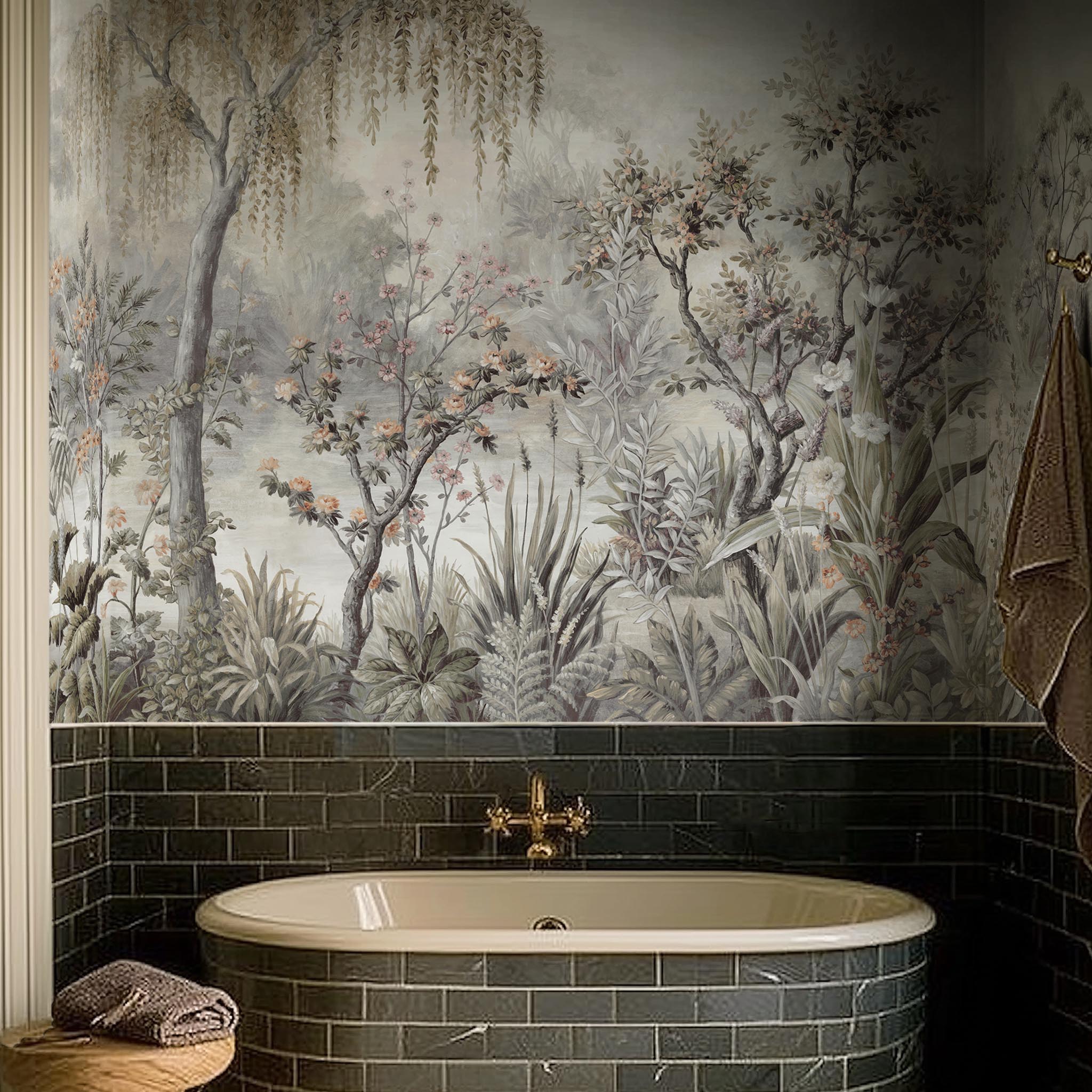 A cropped view of bathroom featuring a panoramic vinyl wallpaper mural of a lakeside scene in grey and peach.