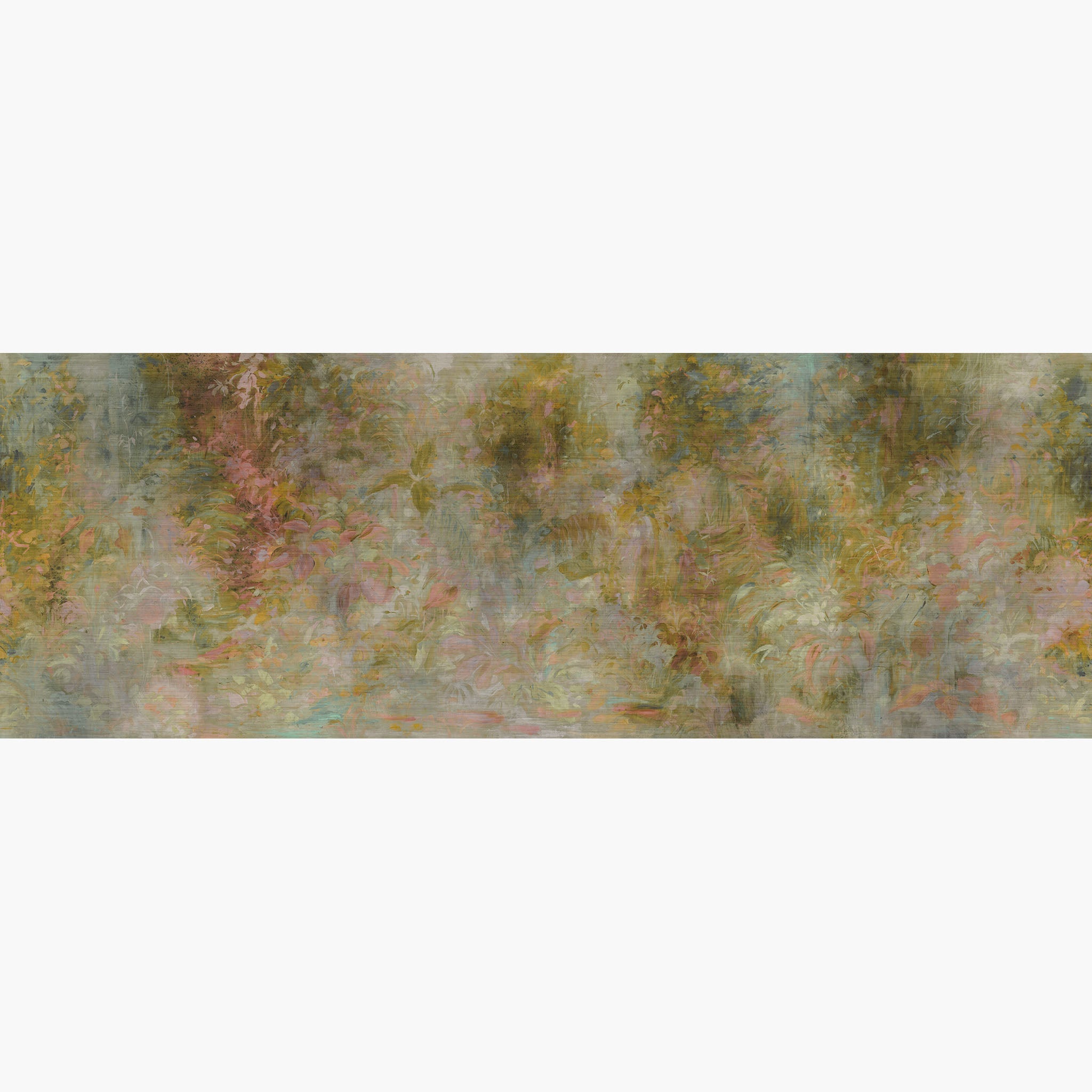 Artwork of a panoramic wallpaper mural featuring an abstract botanical layered in warm ochre, blush pink, and soft teal.