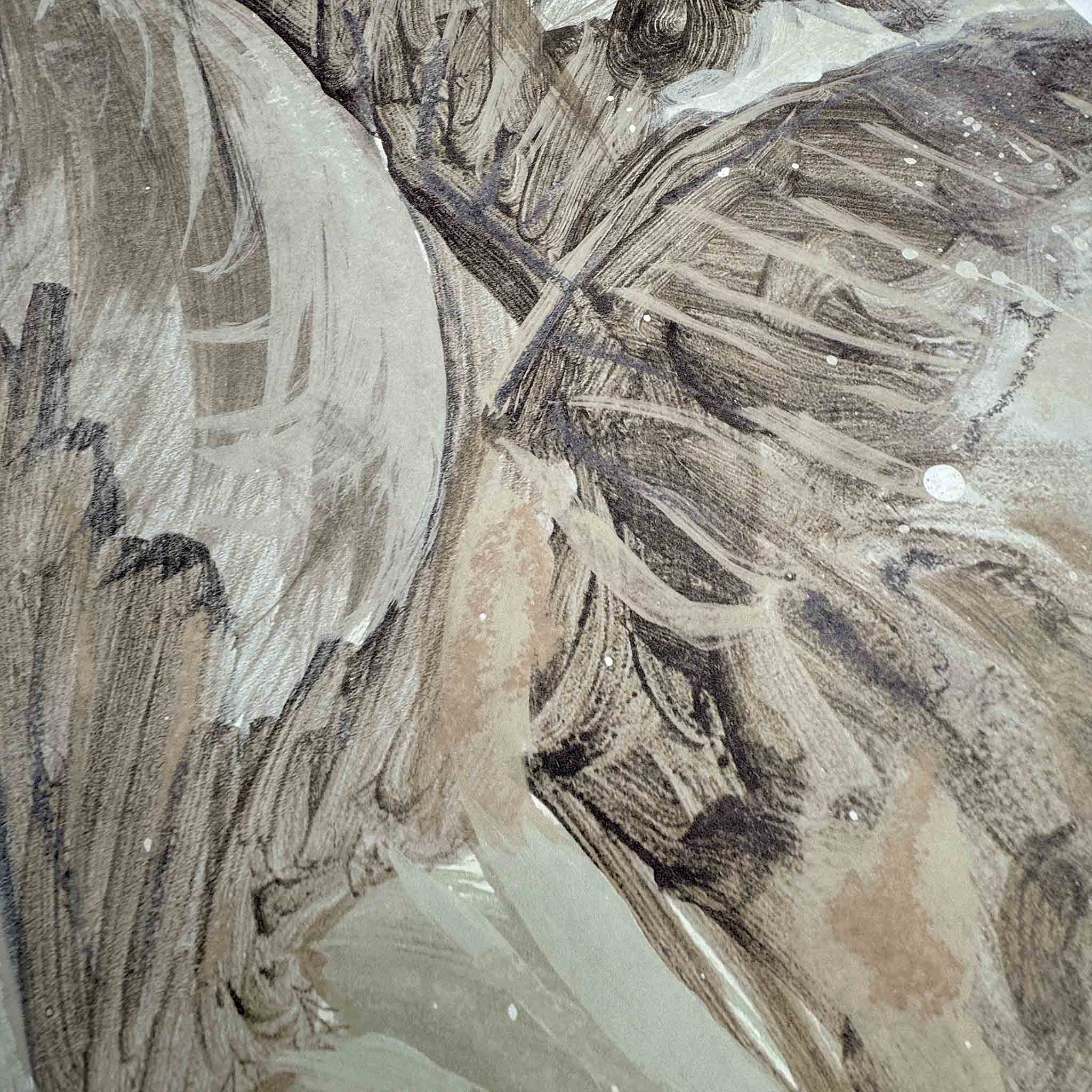 Close-up detail of a wallpaper mural featuring earthy tones and abstract brush strokes, on a matte, non-woven substrate.