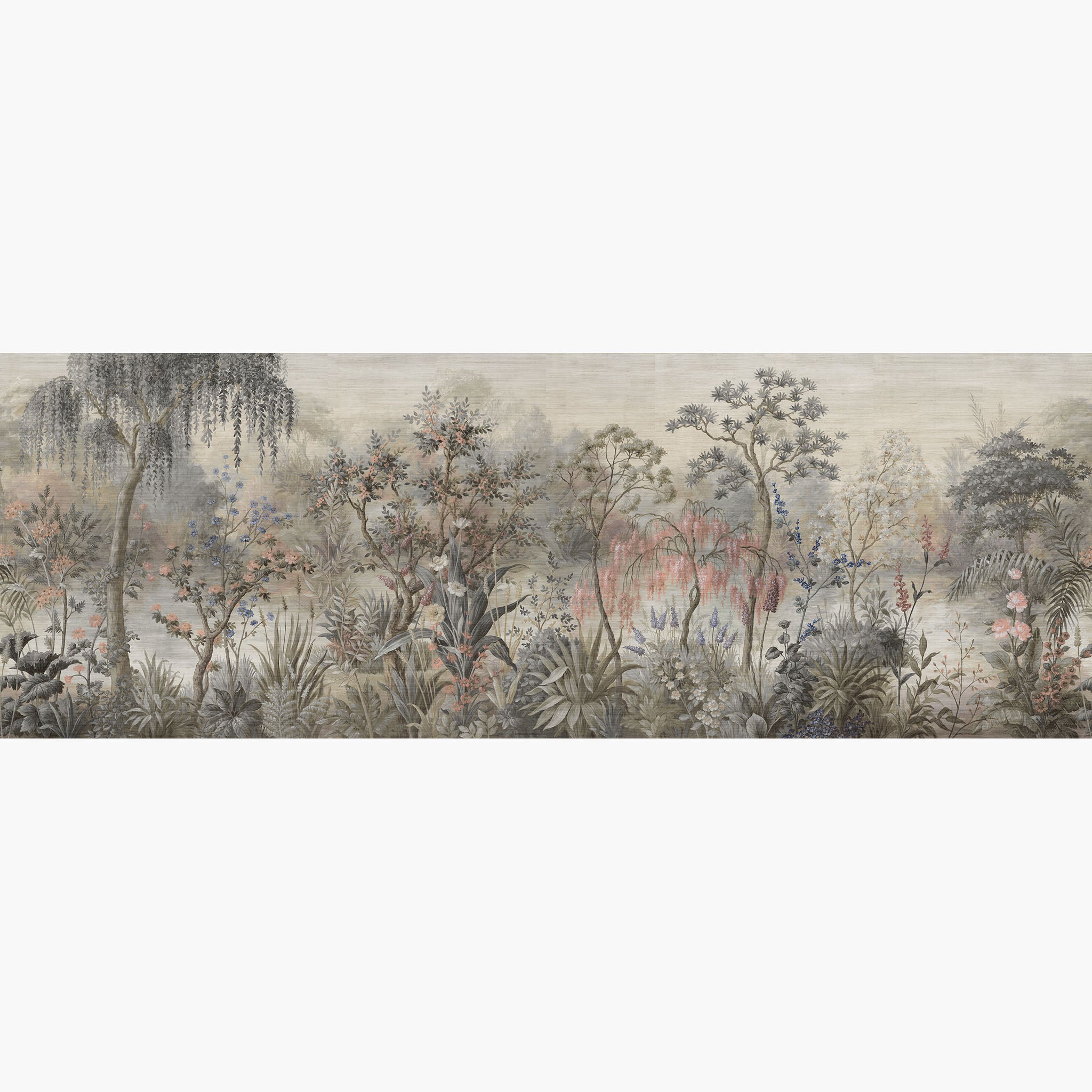 Artwork of a panoramic wallpaper mural featuring a serene botanical scene with dusky blues, coral pinks, and soft greys.