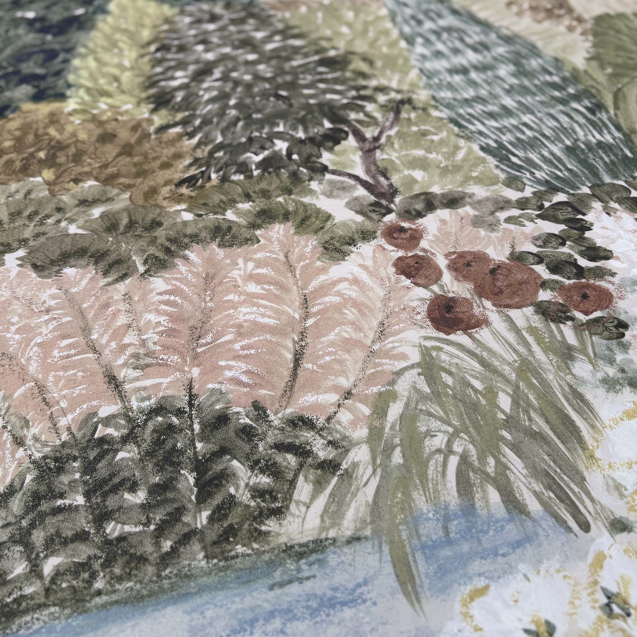 A close up view showing the detail of a matte wallpaper mural which features soft green countryside with cattle and boats