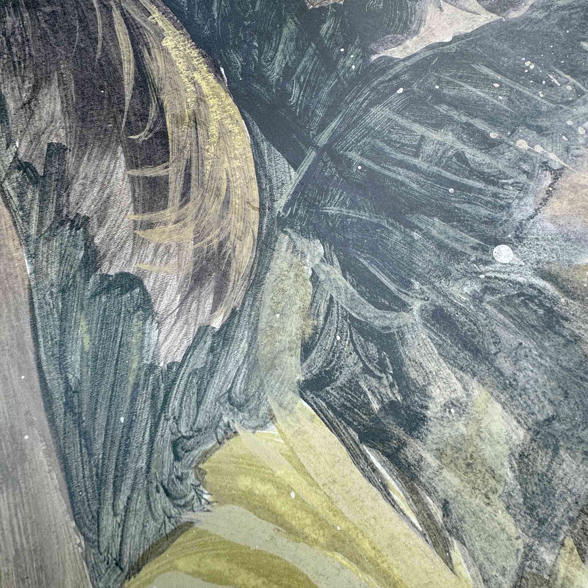 Close-up of a wallpaper mural featuring abstract, hand-painted foliage in deep greens, soft browns, and misty beiges.