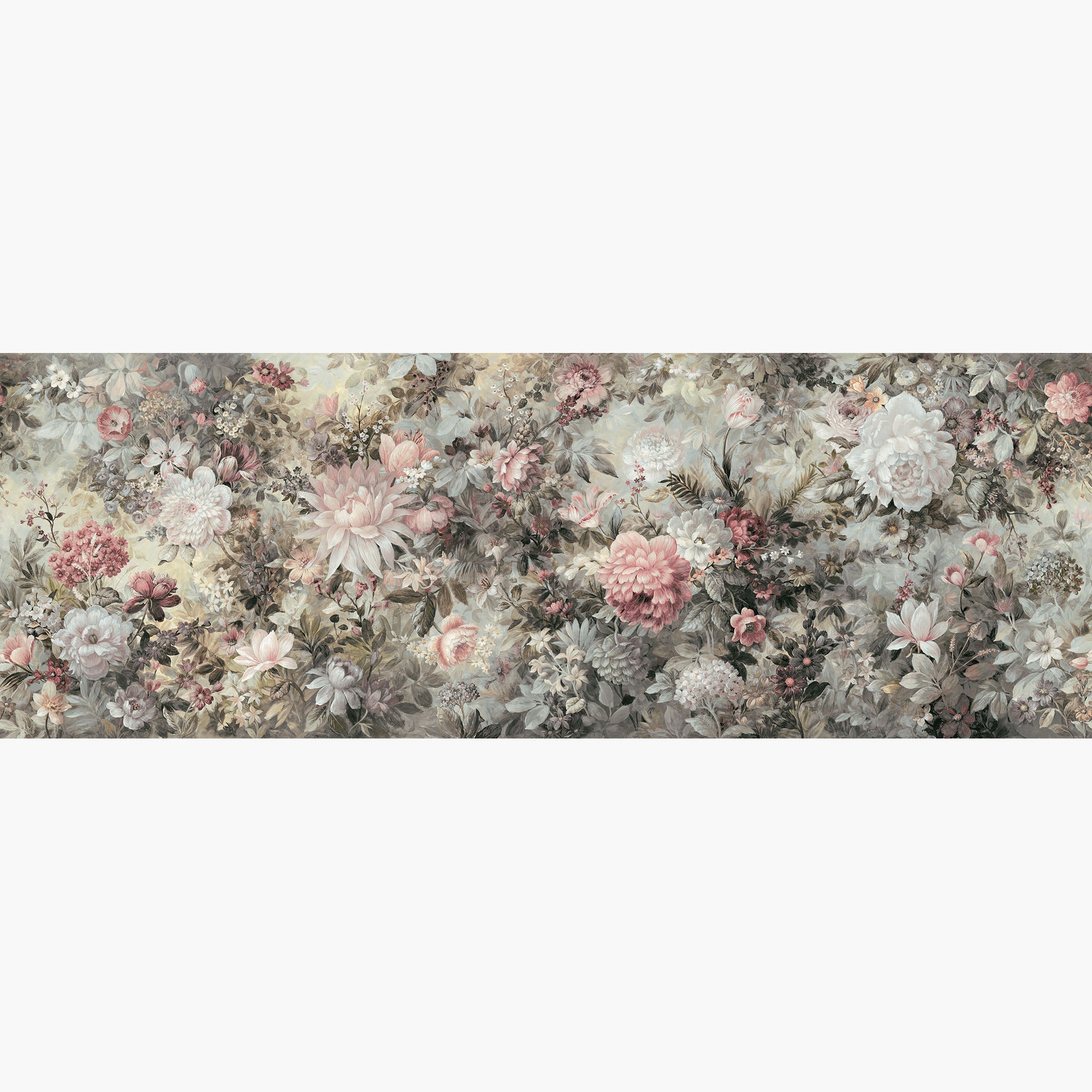 Artwork of a panoramic wallpaper mural featuring a romantic floral composition in dusty rose, soft cream, and muted taupe.