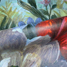 Close-up of a bespoke floral mural wallpaper featuring vibrant greens, reds, purples, and soft pinks on washable vinyl.