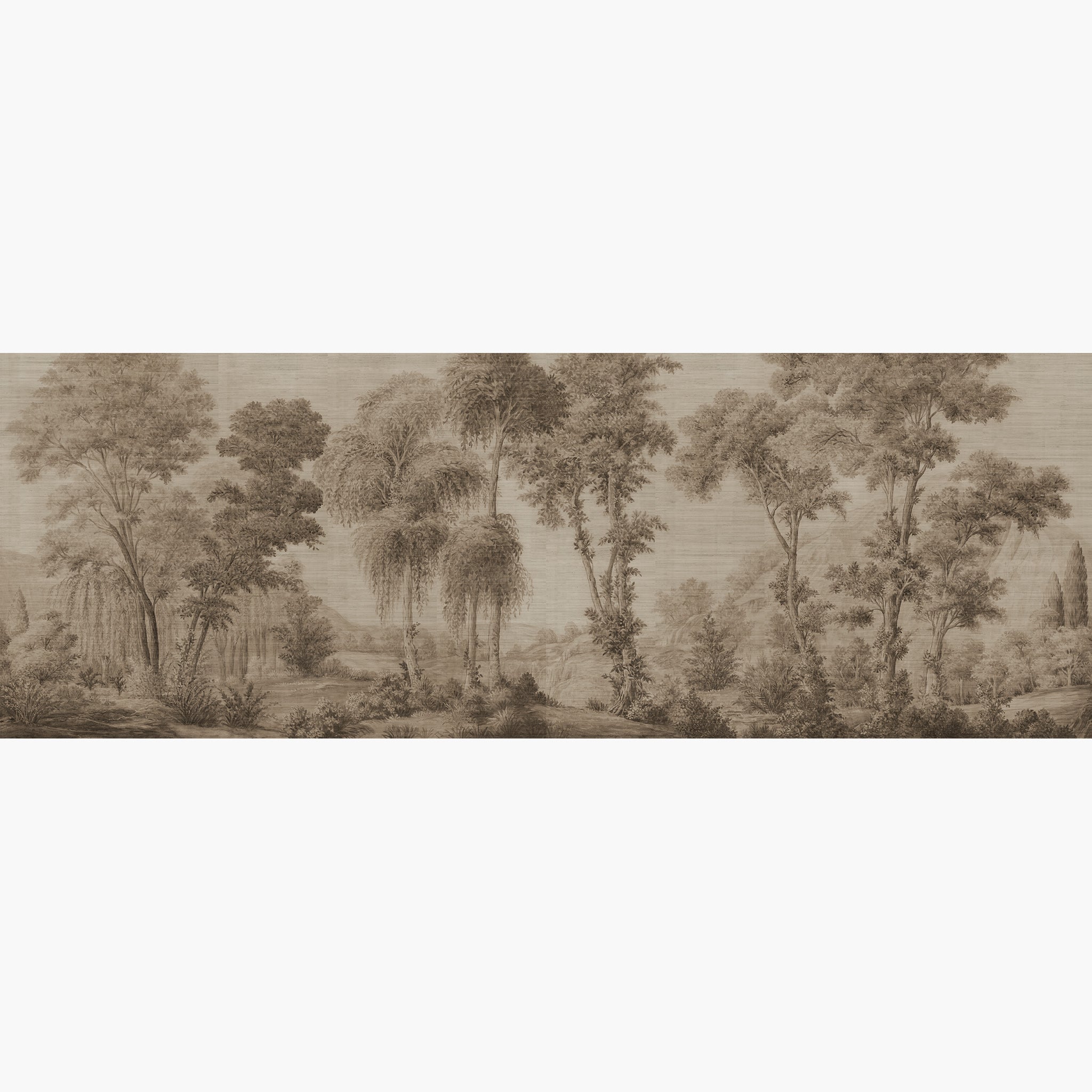 Artwork of a panoramic wallpaper mural featuring a classic woodland in warm sepia with timeless character