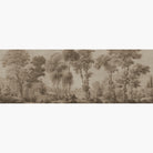 Artwork of a panoramic wallpaper mural featuring a classic woodland in warm sepia with timeless character