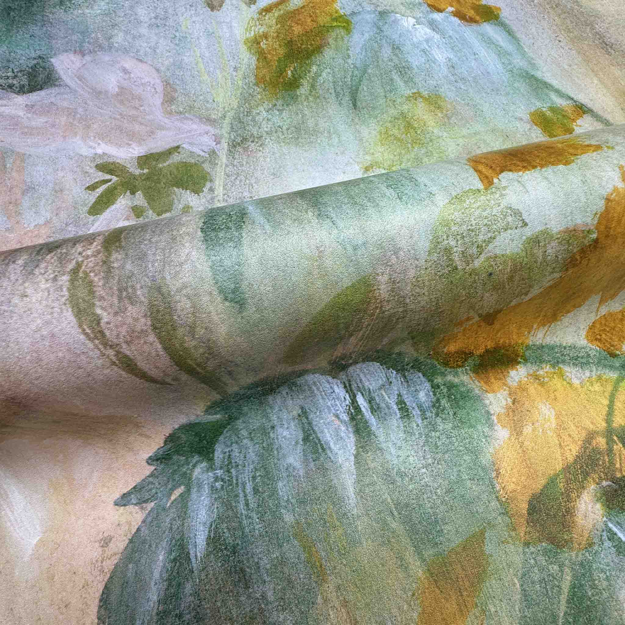 Close-up of vibrant, hand-painted tropical mural in greens, pinks, and golds printed on durable vinyl substrate.