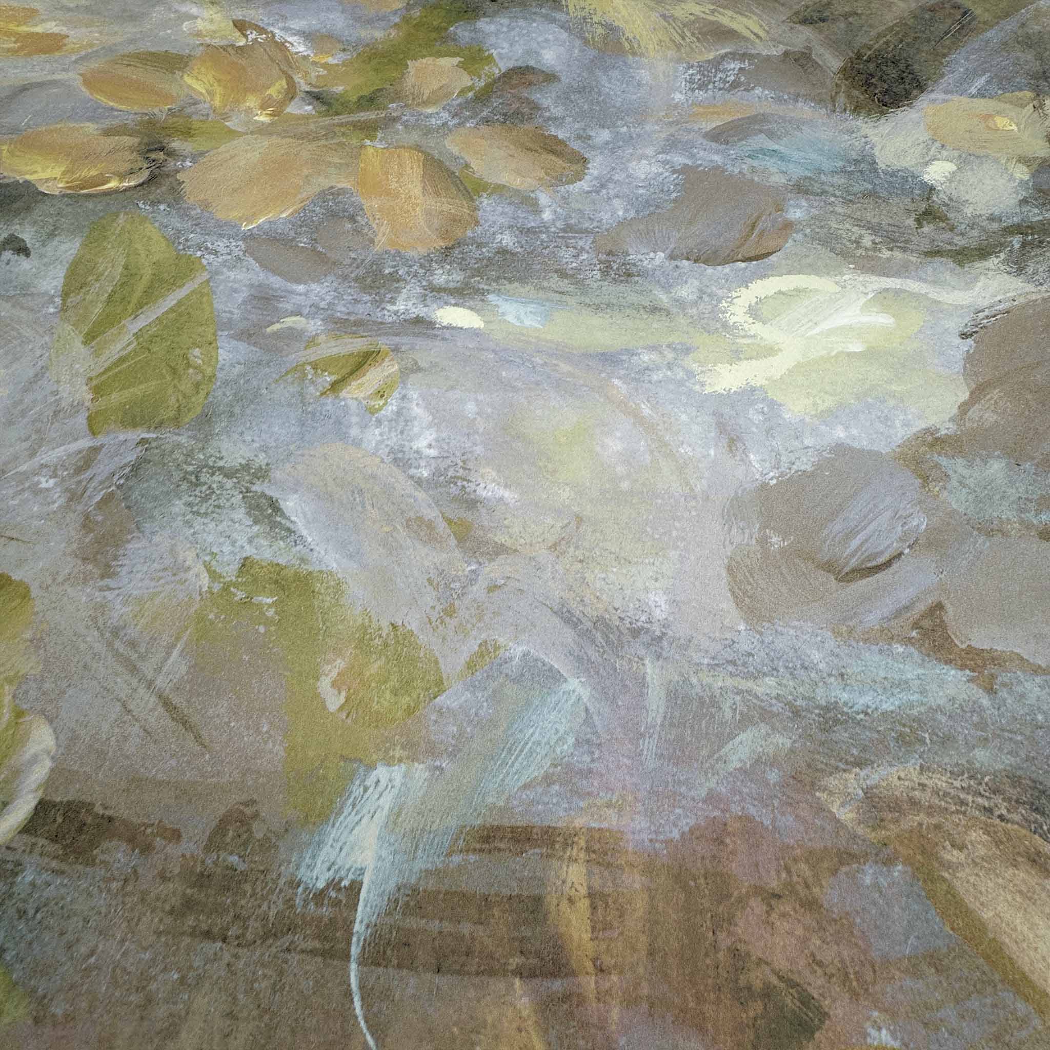 Close-up of a bespoke panoramic mural wallpaper, featuring soft opal tones, delicate golds and lavender accents.