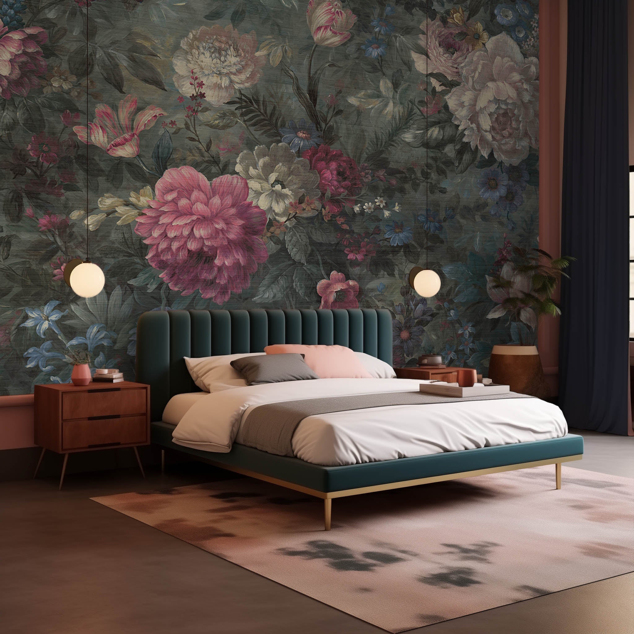 An interior bedroom featuring a panoramic grasscloth wallpaper mural of a floral bloom in crimson and blue.