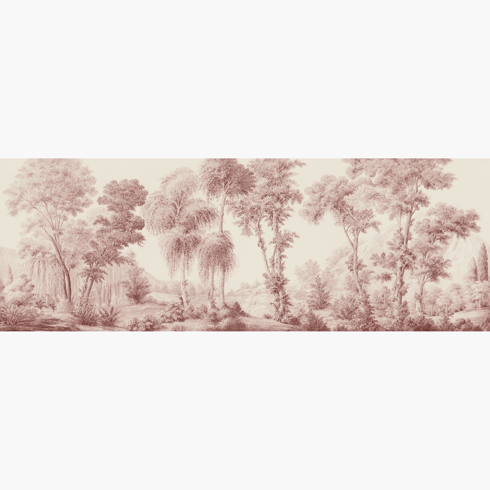 Artwork of a panoramic wallpaper mural featuring a romantic forest scene in soft rose and parchment