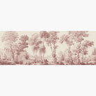 Artwork of a panoramic wallpaper mural featuring a romantic forest scene in soft rose and parchment