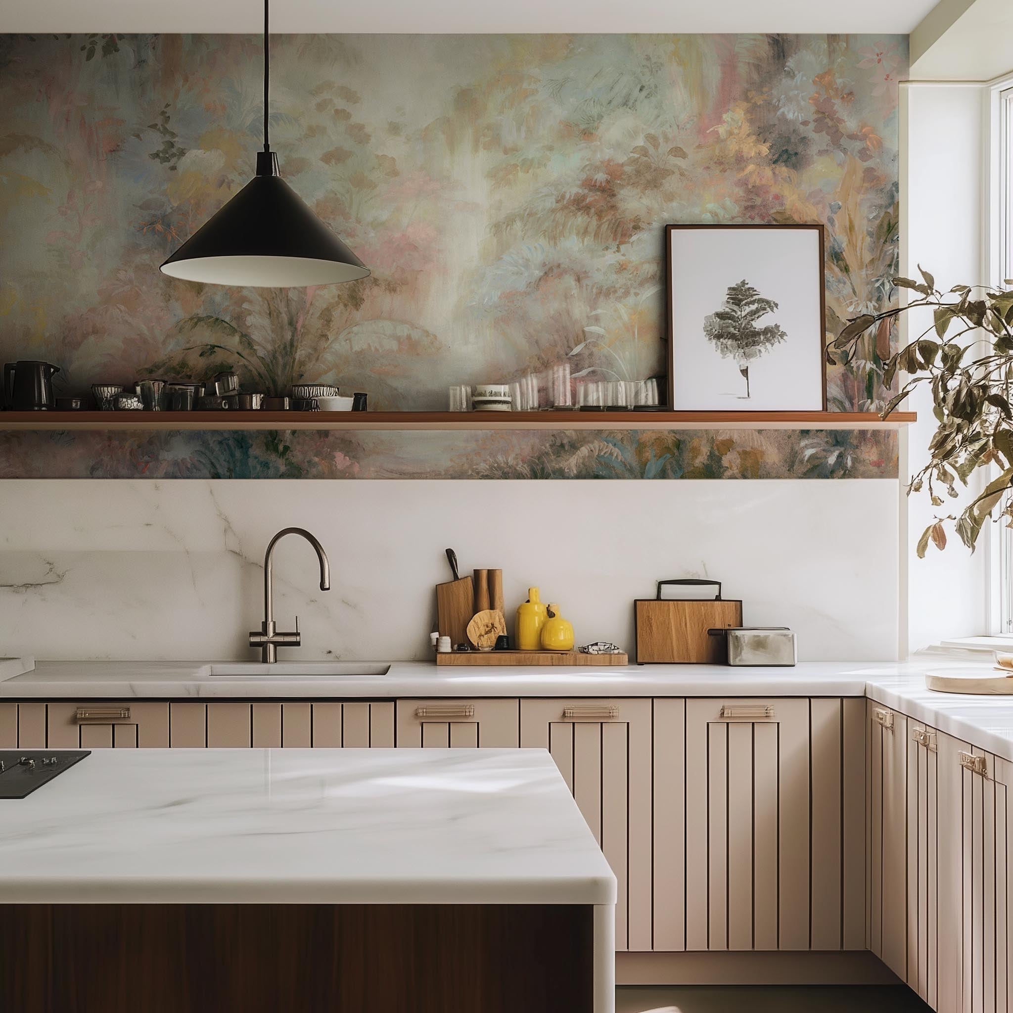 A cropped view of kitchen featuring a panoramic vinyl wallpaper mural of a rainforest in blush and sky blue.