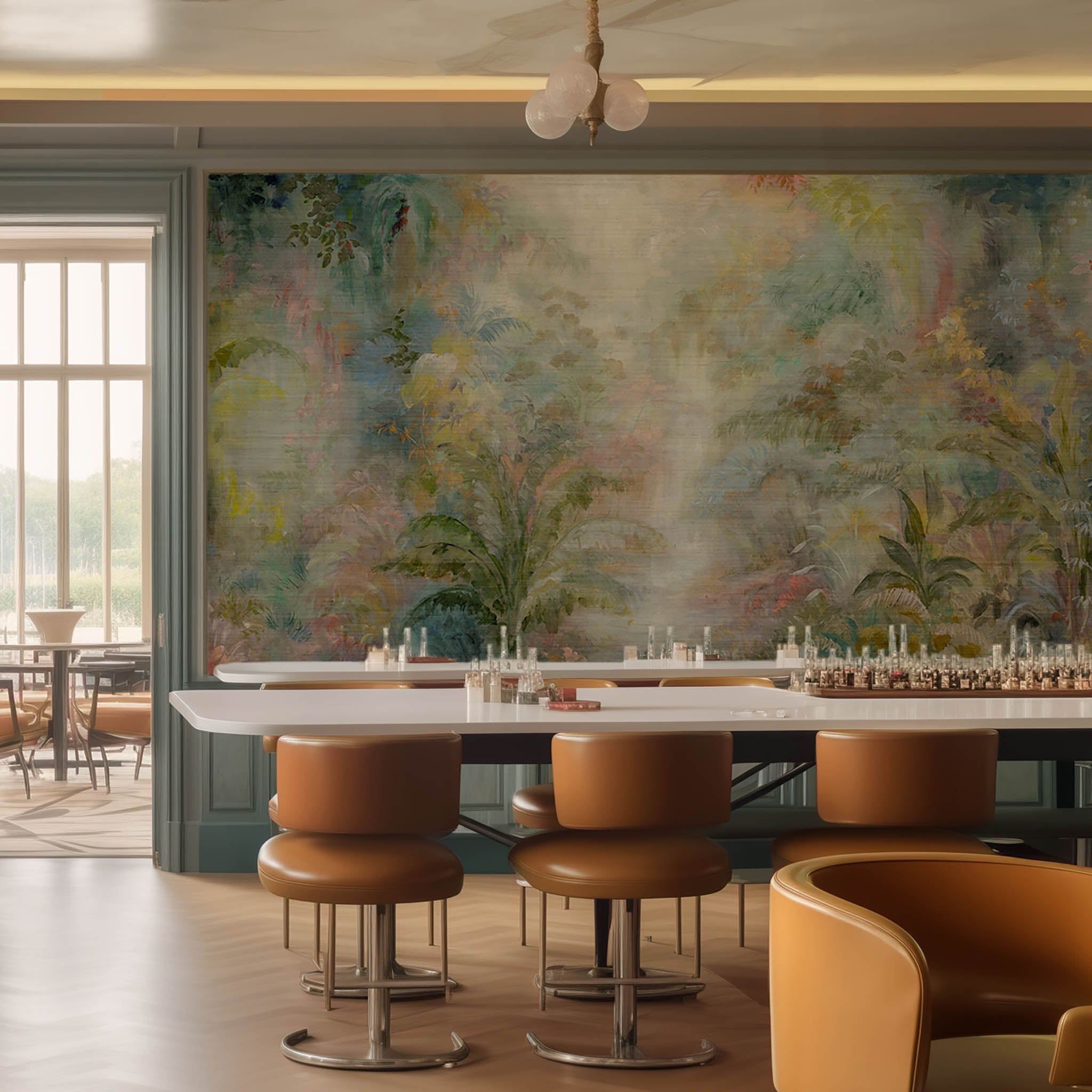 An interior restaurant featuring a panoramic grasscloth wallpaper mural of a rainforest in green, coral, and gold.