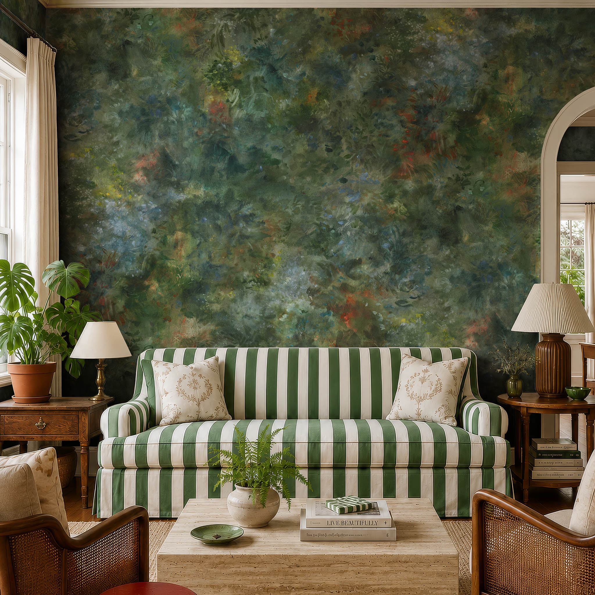 A cropped view of a living room featuring a panoramic pearlescent wallpaper mural of moody nettle-green mural with sage, charcoal and rust colours.