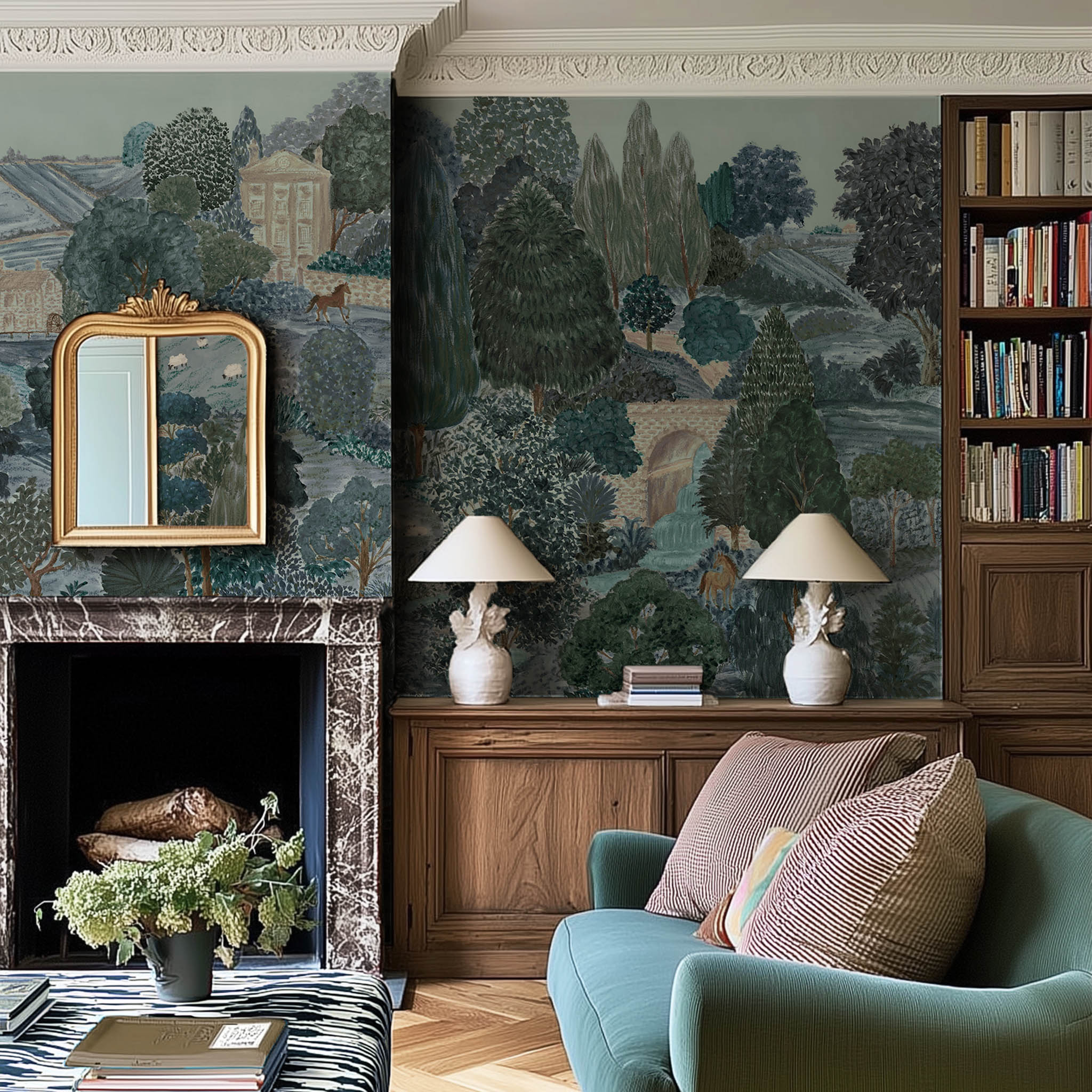 An interior living room featuring a panoramic matte wallpaper mural of teal, sea green, and slate countryside scene