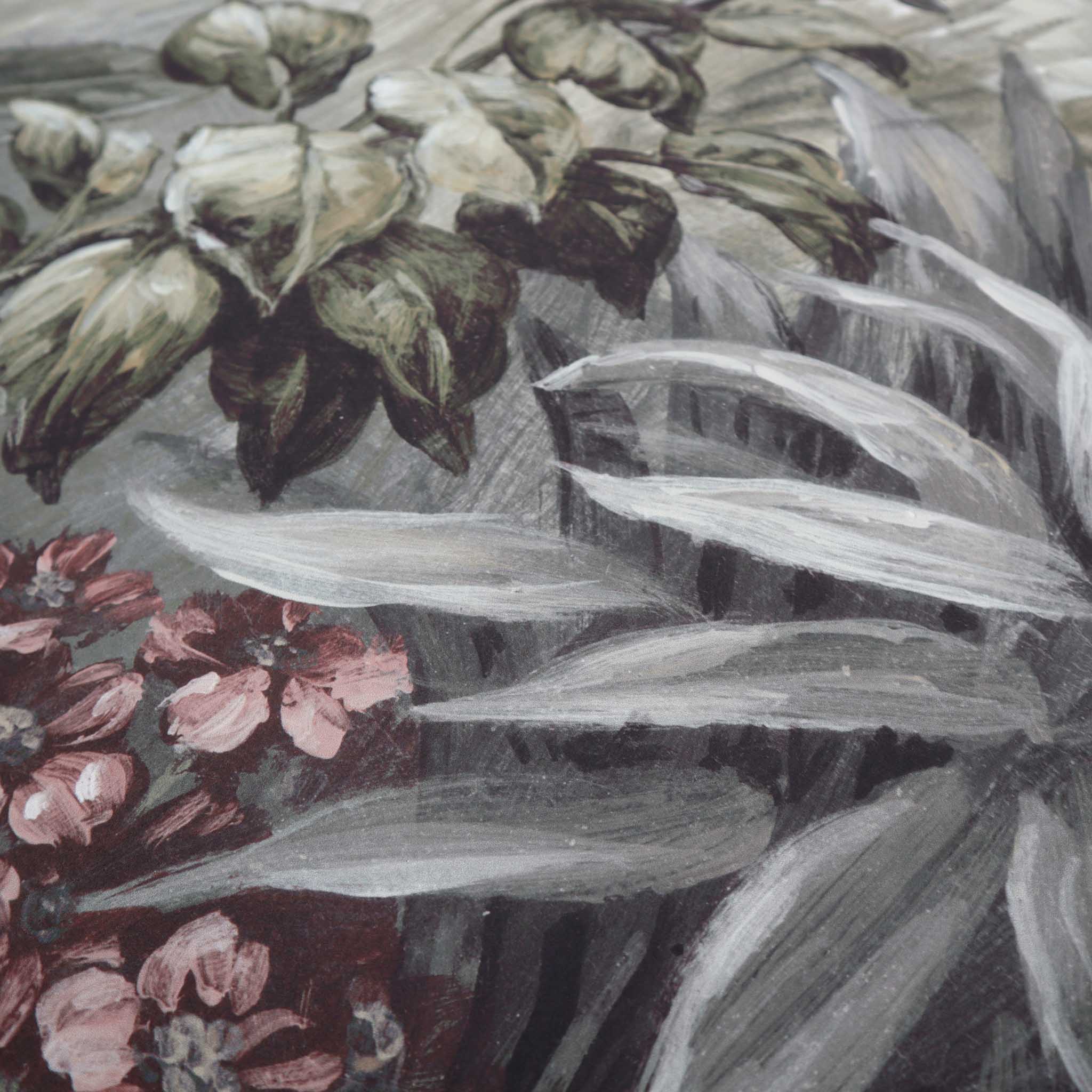 Close-up of a hand-painted mural featuring delicate florals and leaves in muted tones, printed on matte a finish.