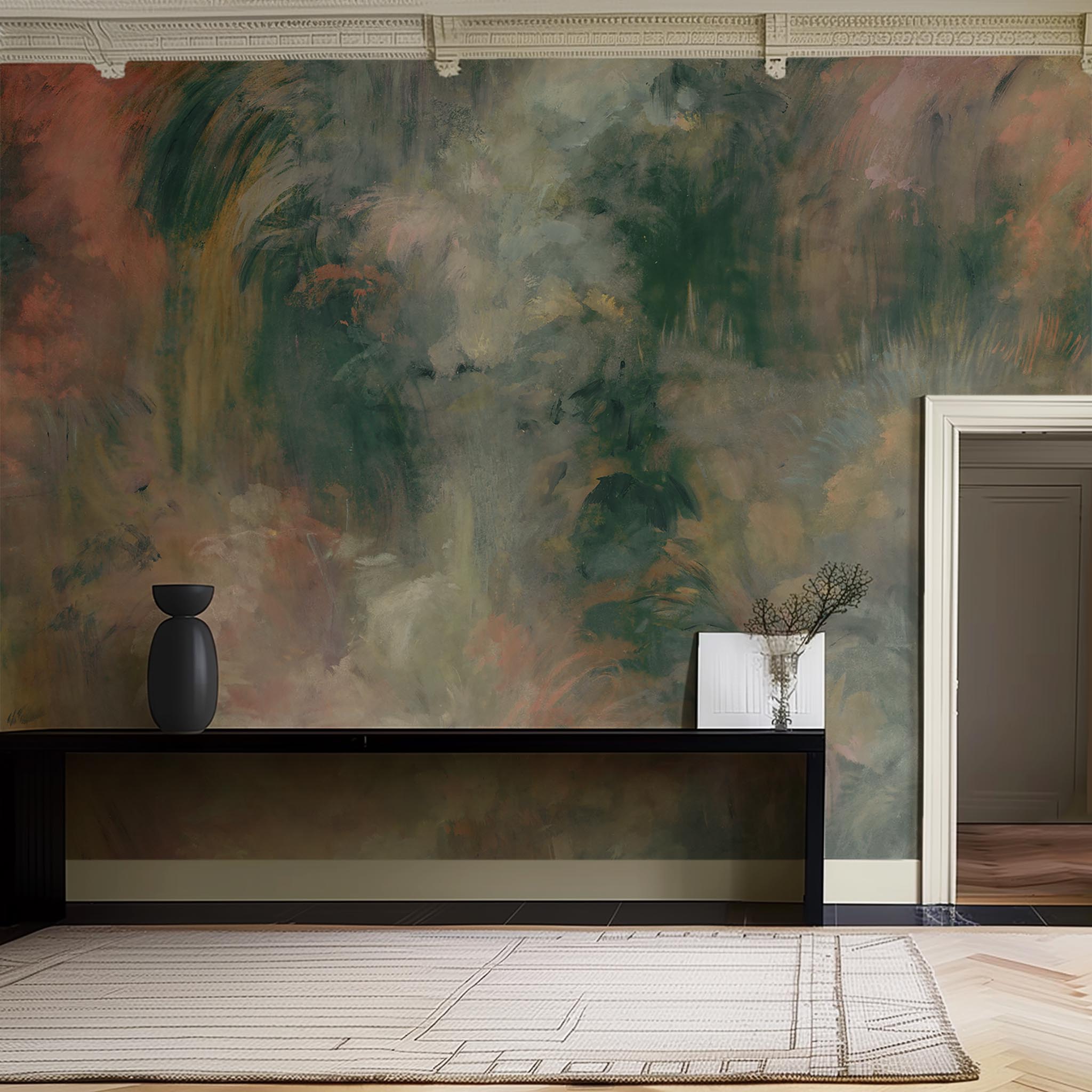 An interior living room featuring a panoramic vinyl wallpaper mural of an abstract haze in green and blush.