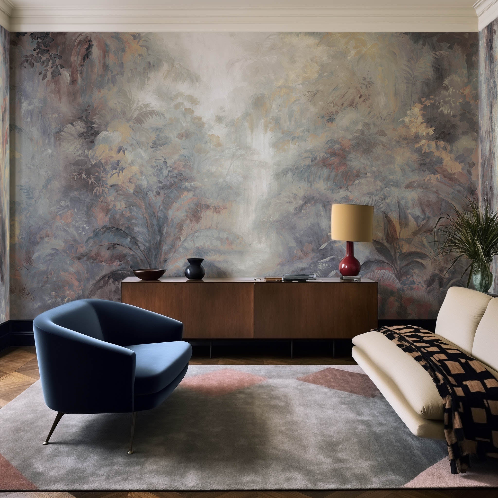 An interior living room featuring a panoramic matte wallpaper mural of a rainforest in lavender and rust.