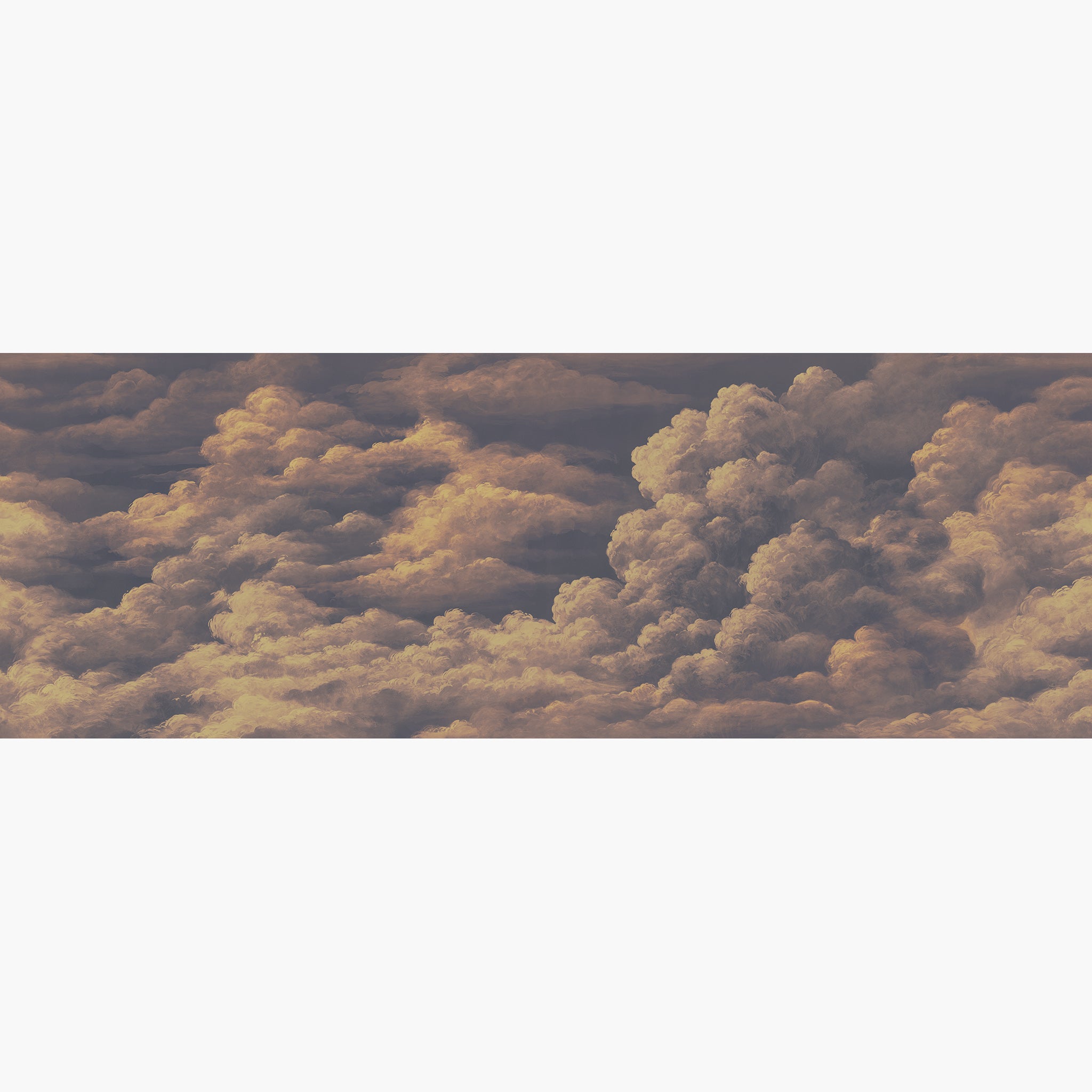 Artwork of a panoramic wallpaper mural featuring billowing clouds bathed in warm peach and dusky violet