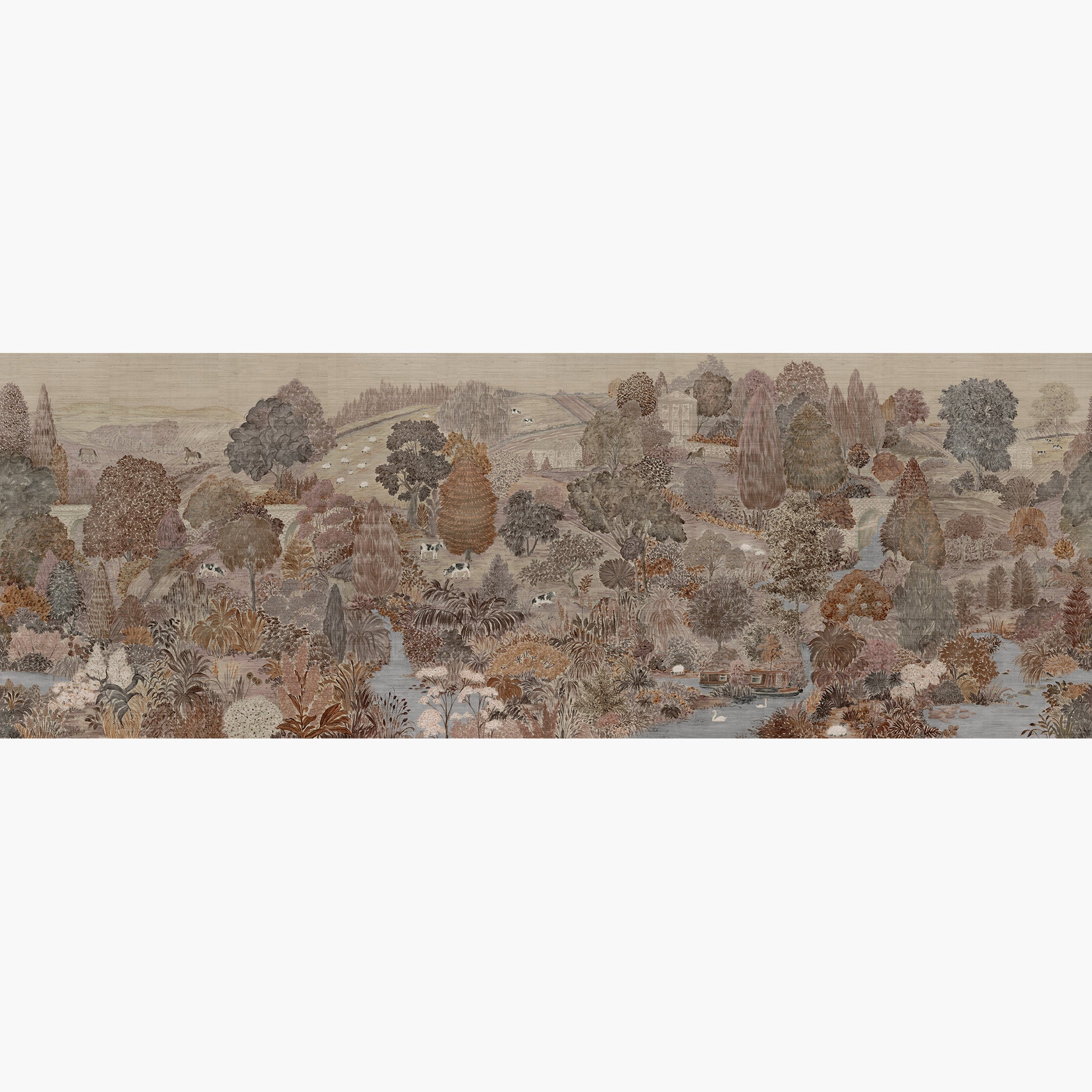 Artwork of a panoramic wallpaper mural featuring a rolling Yorkshire scene in warm clays, soft plums, and rusted greens