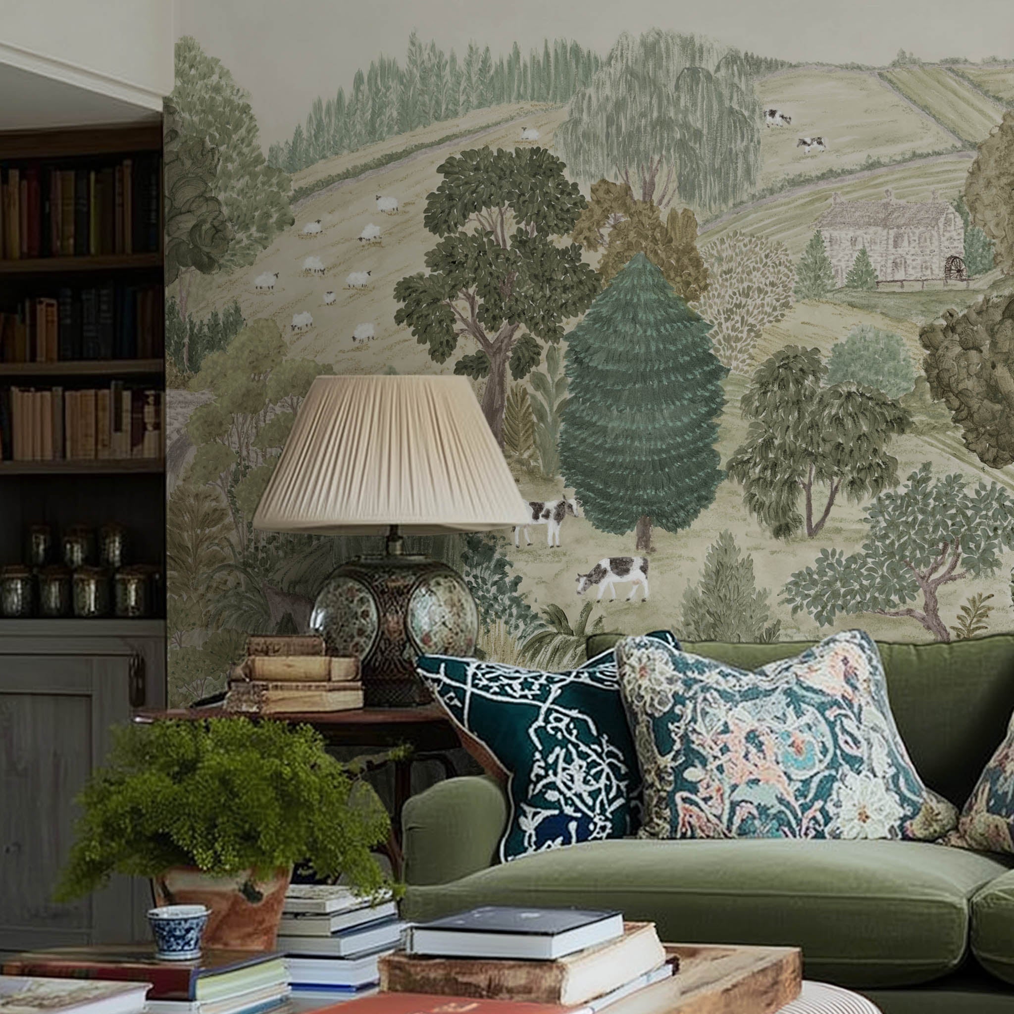 A cropped view of a living room featuring a panoramic matte wallpaper mural of soft green countryside with cattle and boats