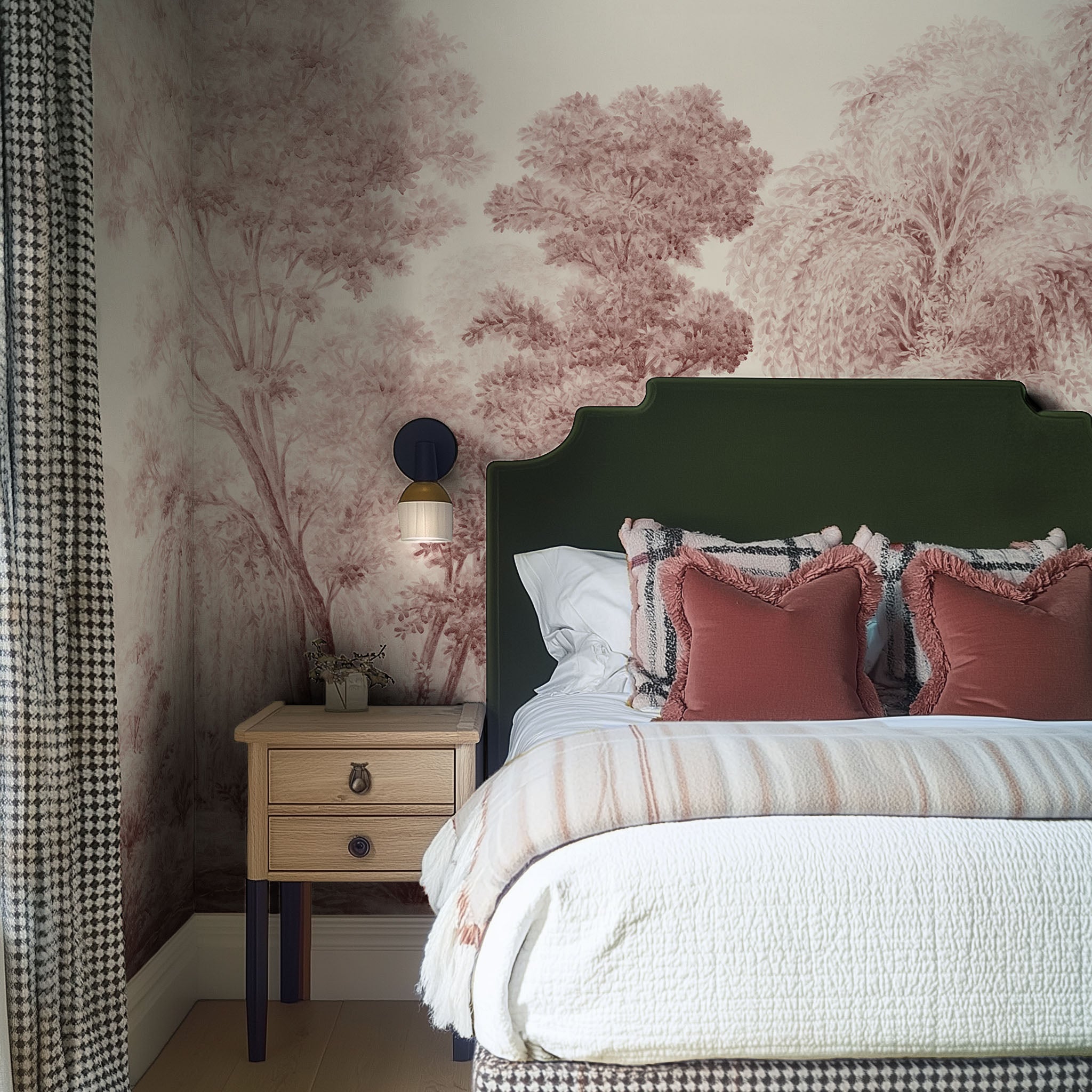 A cropped view of bedroom featuring a panoramic matte wallpaper mural of rose forest