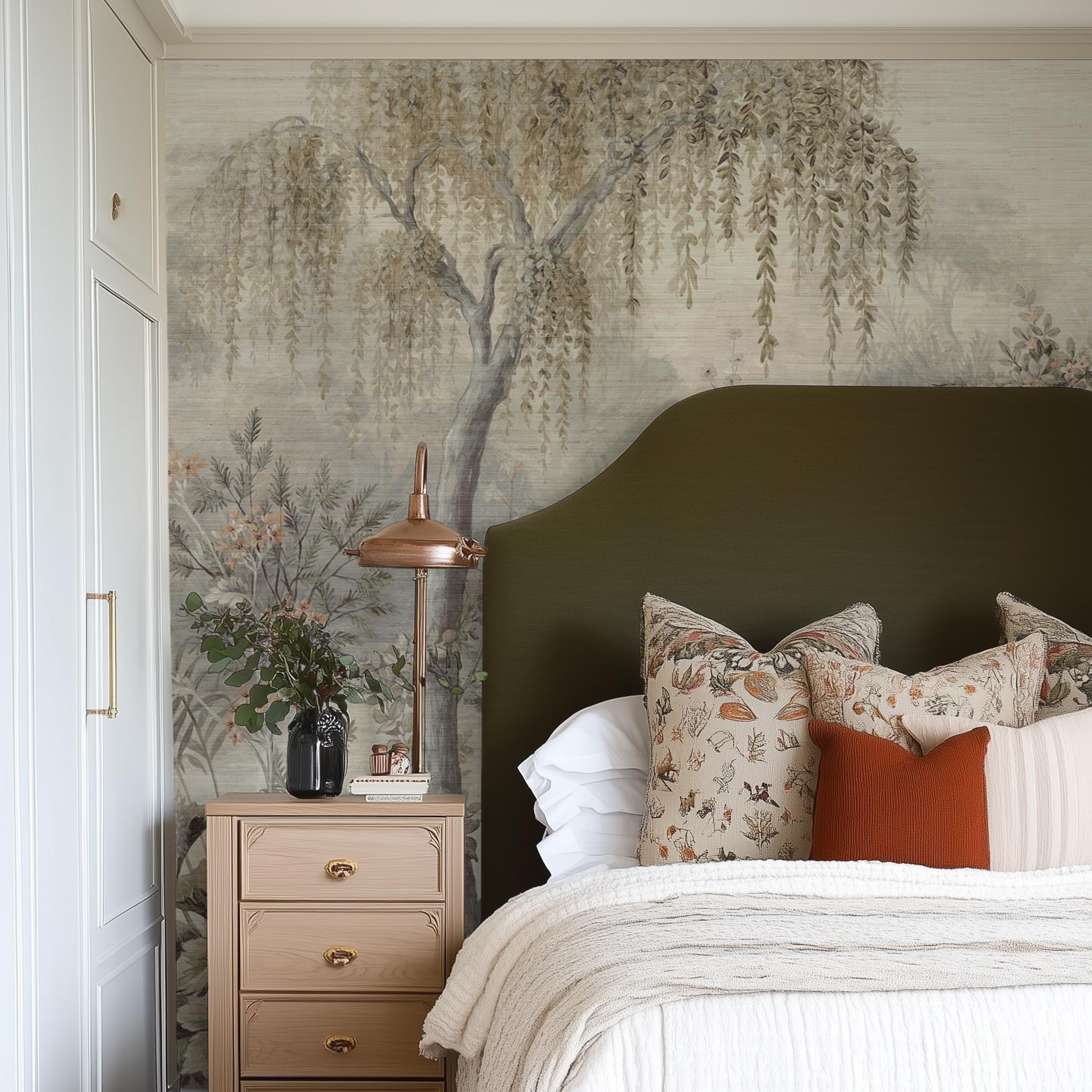 A cropped view of bedroom featuring a panoramic grasscloth wallpaper mural of a lakeside scene in grey and peach.